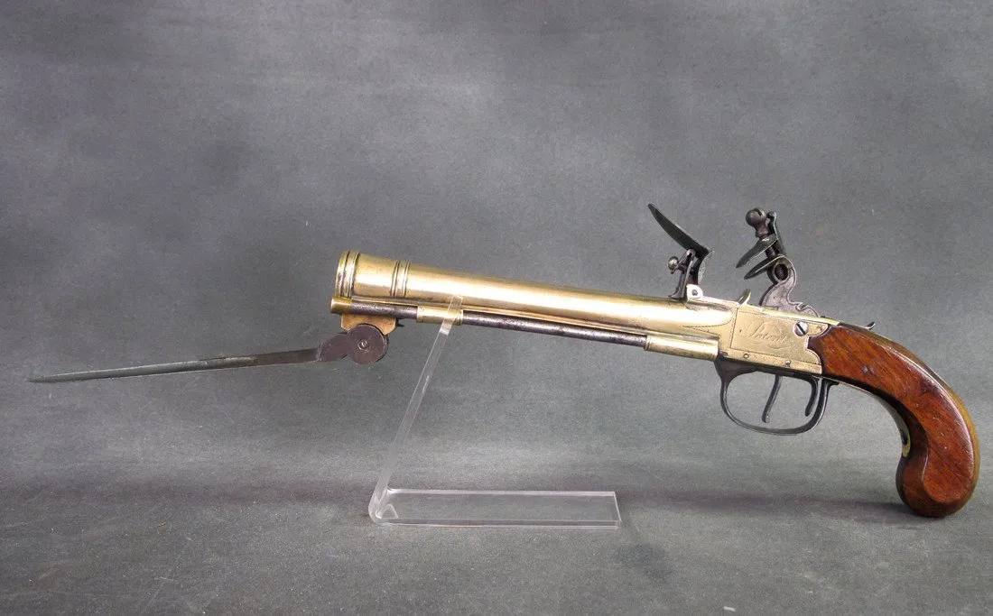 British Brass Waters Patent Blunderbuss Flintlock Pistol with Spring Bayonet