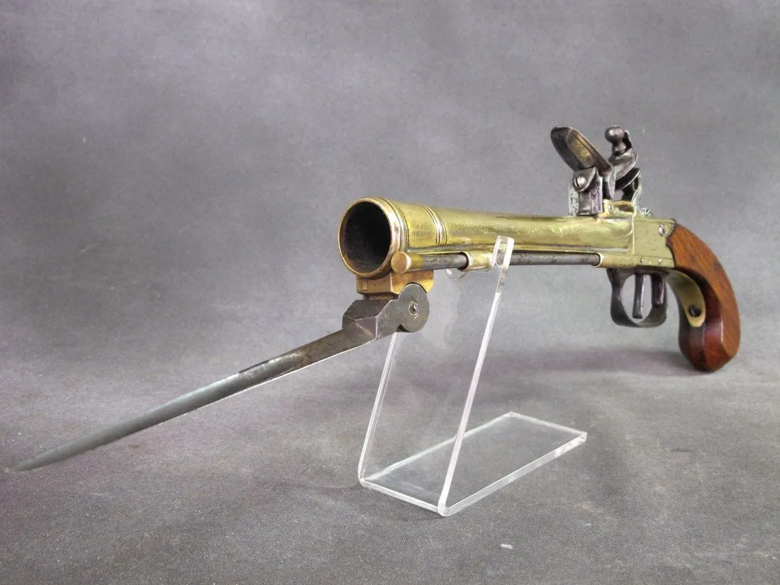 British Brass Waters Patent Blunderbuss Flintlock Pistol with Spring Bayonet