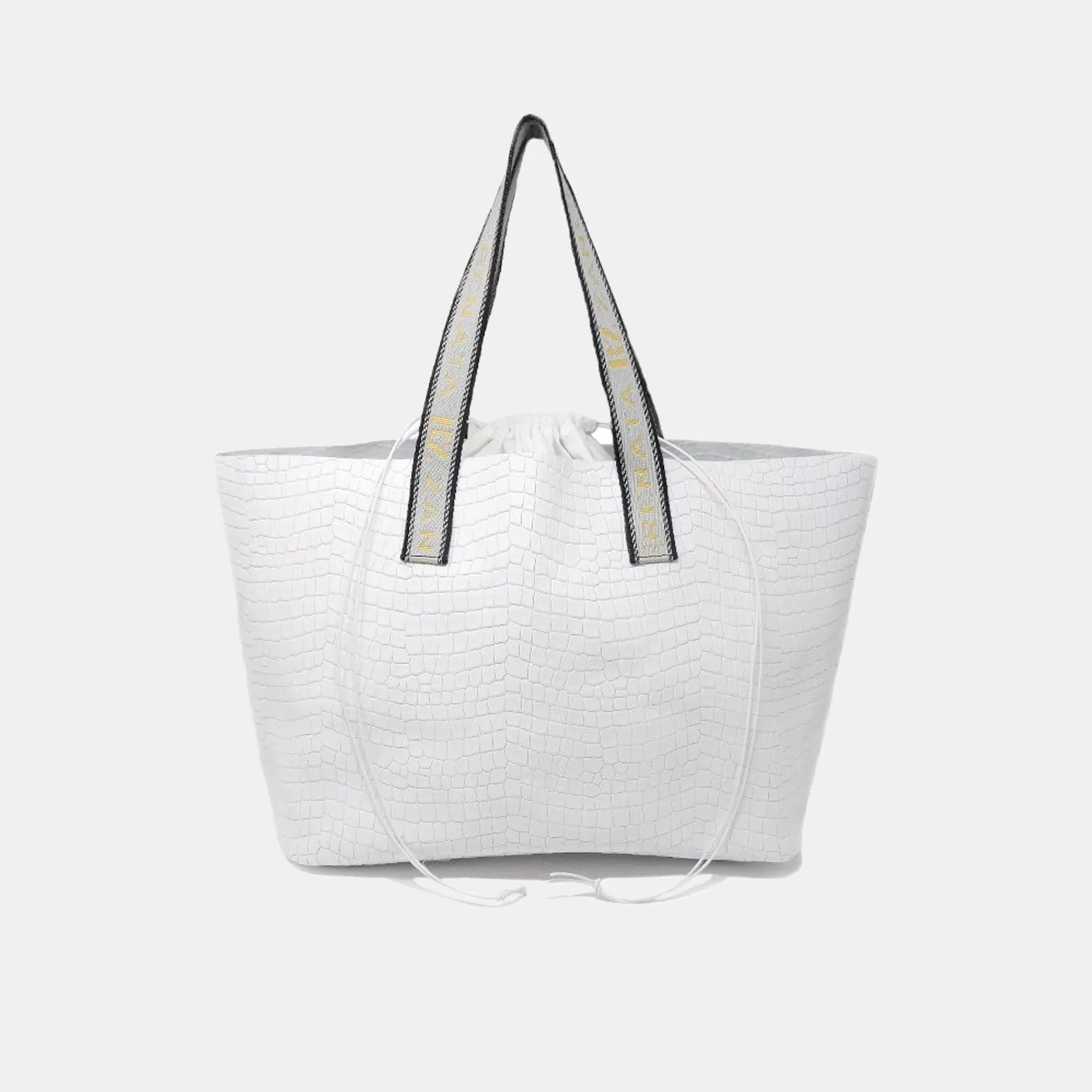 California white bag with text straps