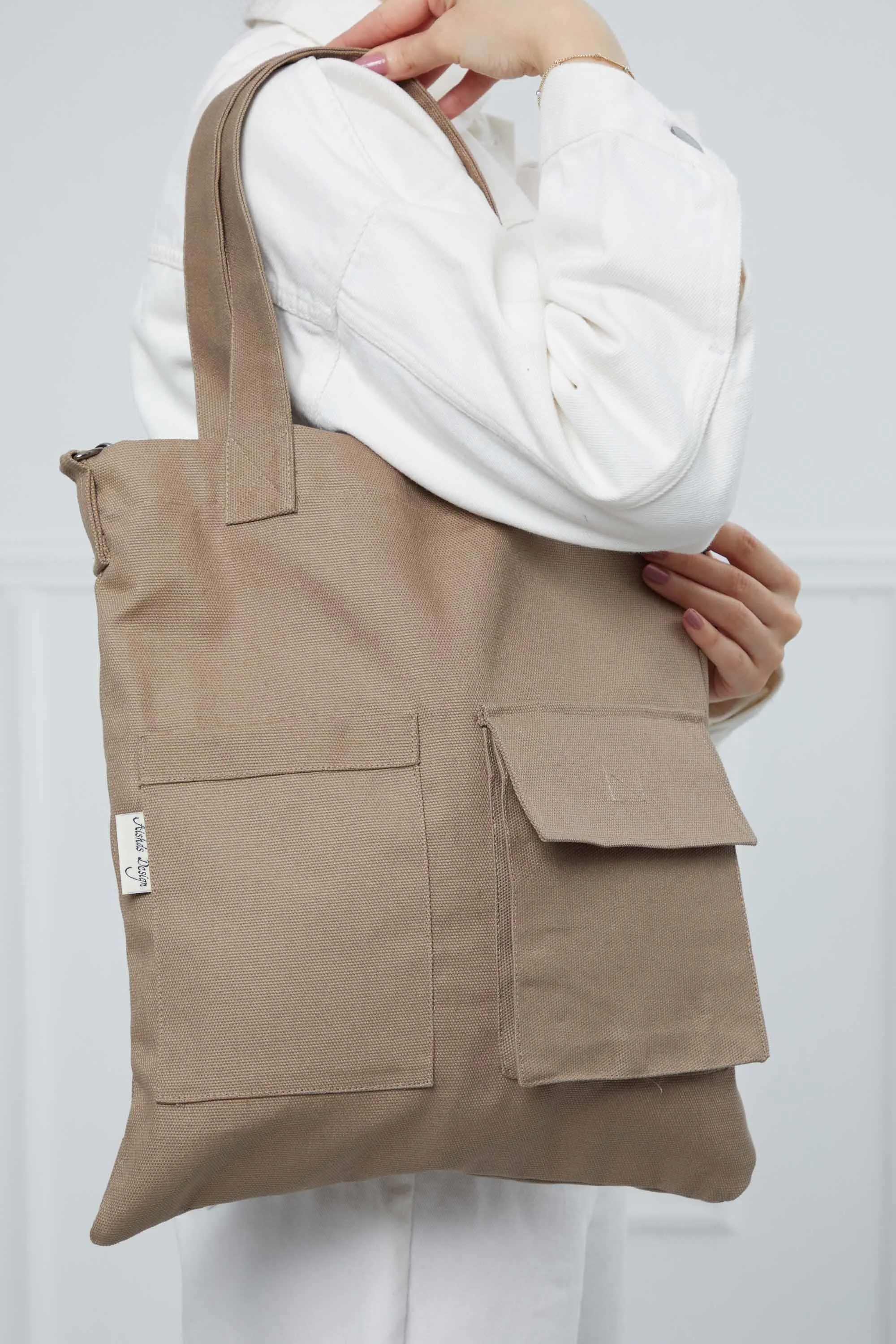 Canvas Hand Shoulder Tote Bag with Front Pockets Casual Large Capacity Daily Travel Shopping Bag,CK-20