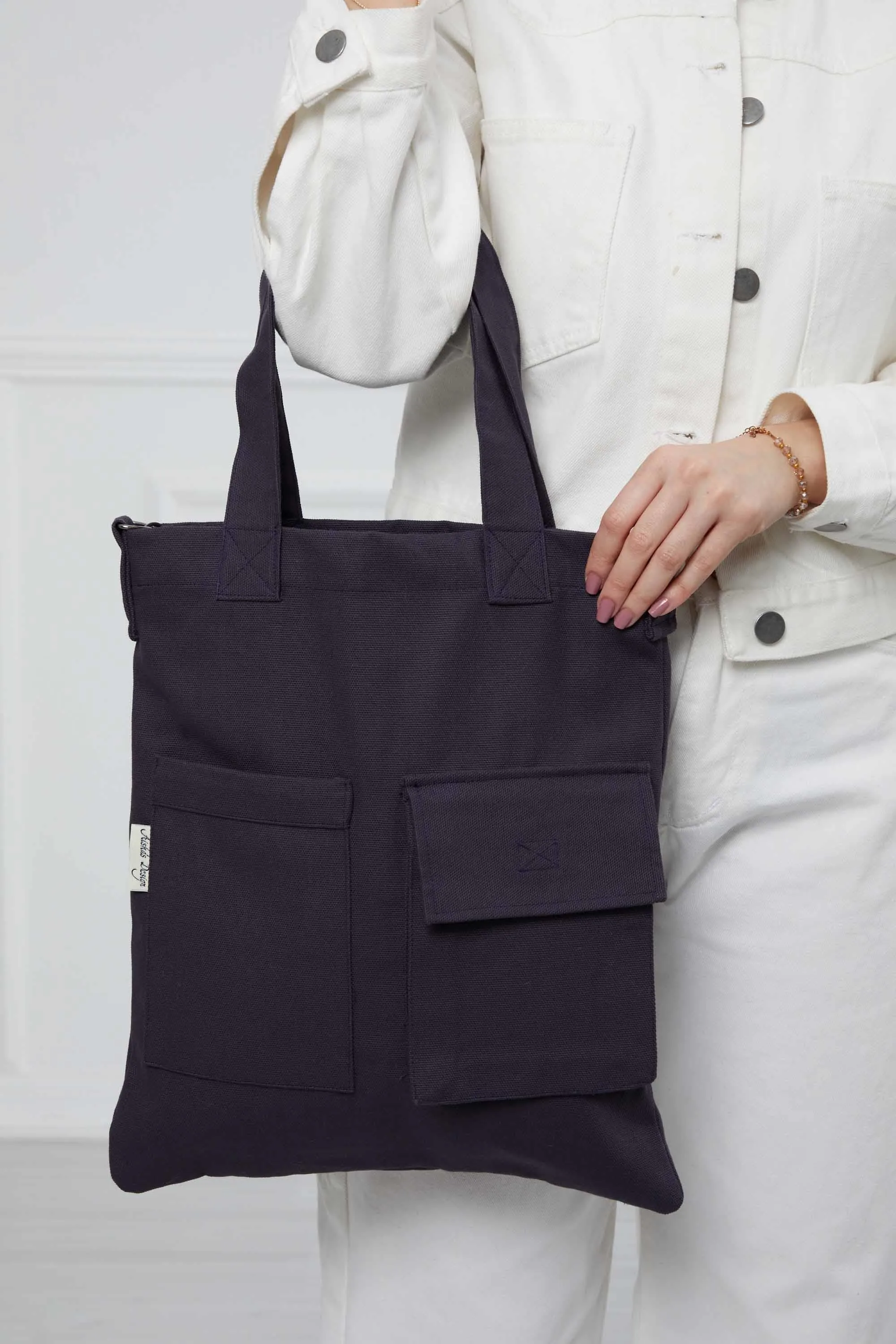 Canvas Hand Shoulder Tote Bag with Front Pockets Casual Large Capacity Daily Travel Shopping Bag,CK-20