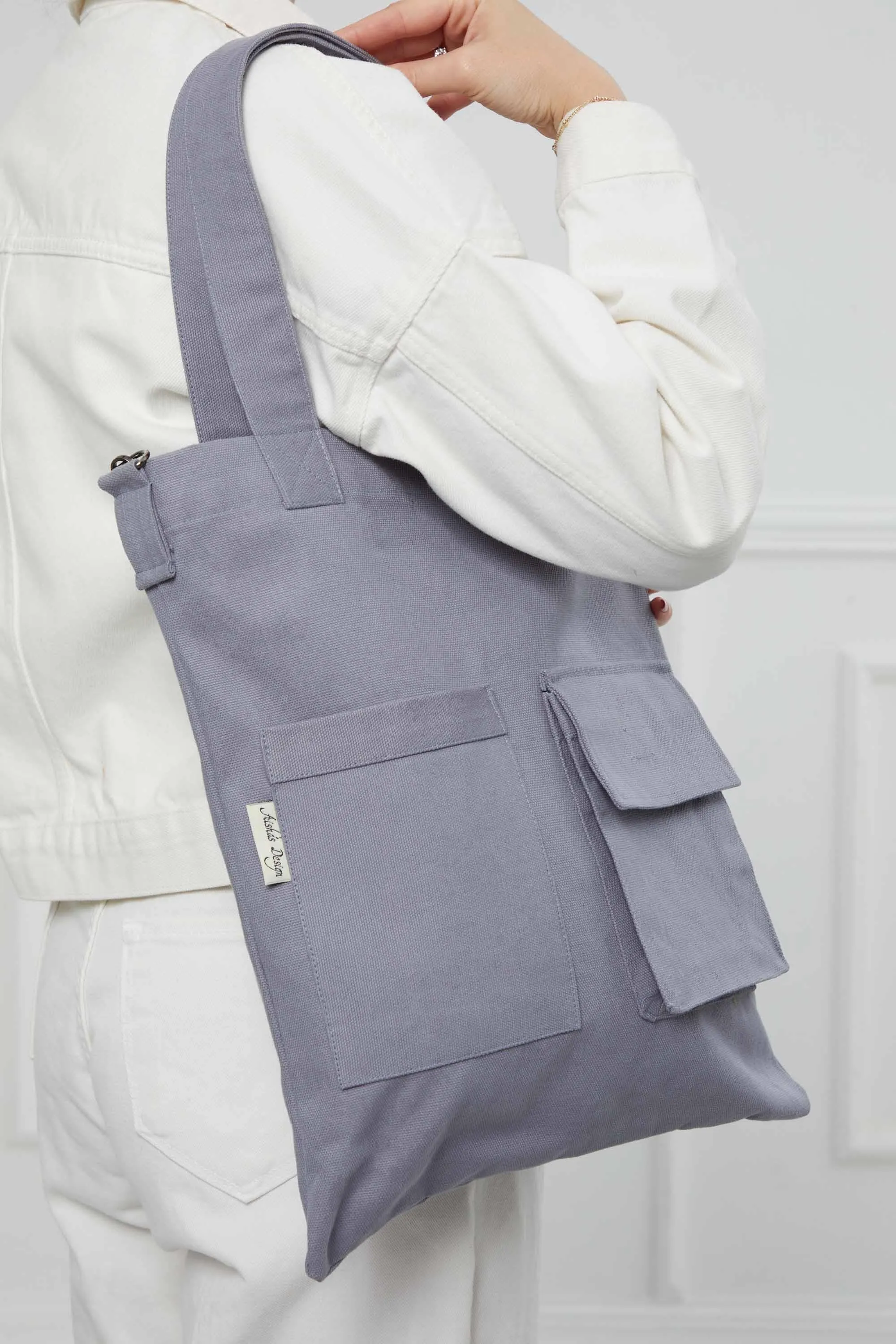 Canvas Hand Shoulder Tote Bag with Front Pockets Casual Large Capacity Daily Travel Shopping Bag,CK-20