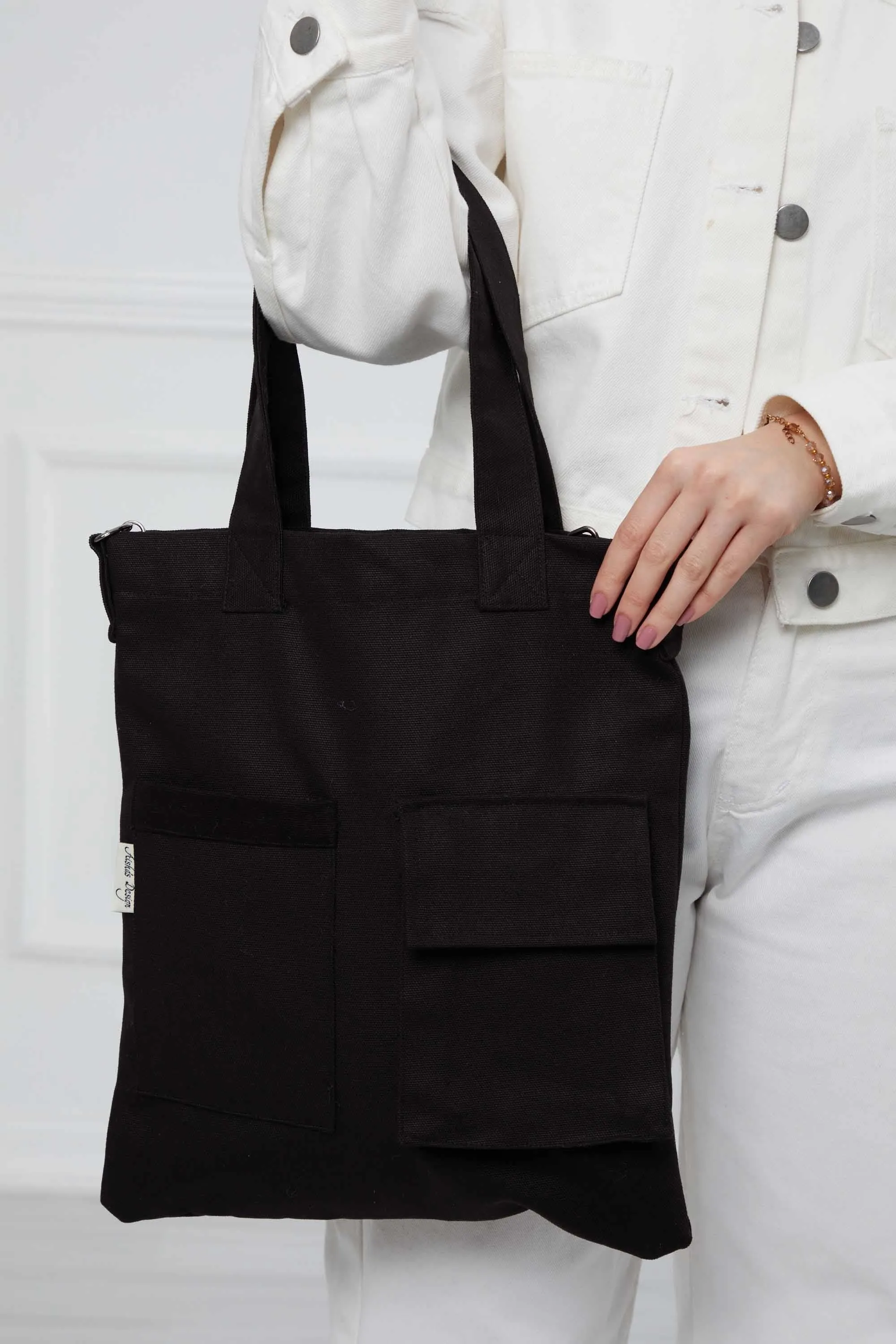 Canvas Hand Shoulder Tote Bag with Front Pockets Casual Large Capacity Daily Travel Shopping Bag,CK-20