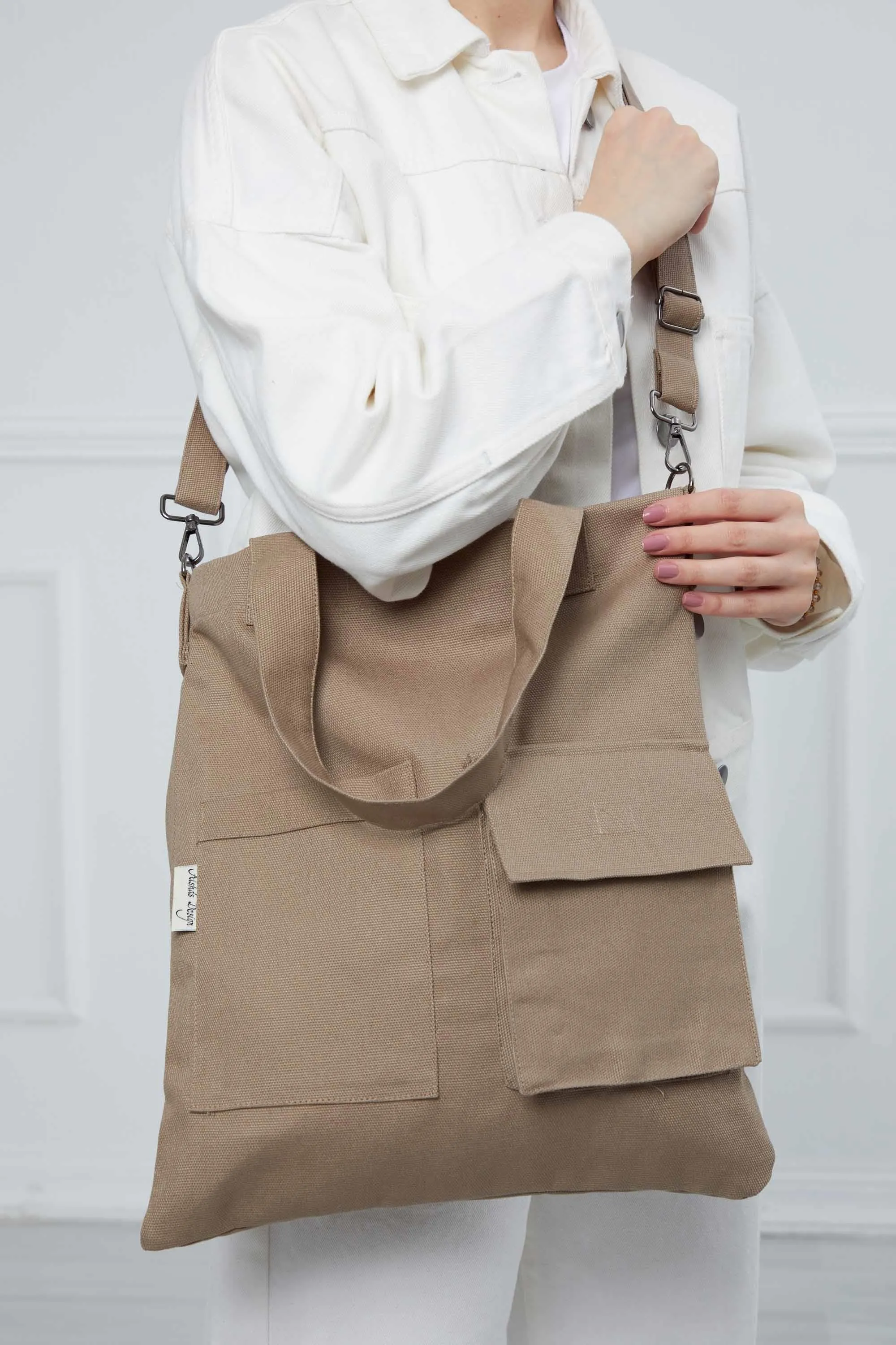 Canvas Hand Shoulder Tote Bag with Front Pockets Casual Large Capacity Daily Travel Shopping Bag,CK-20