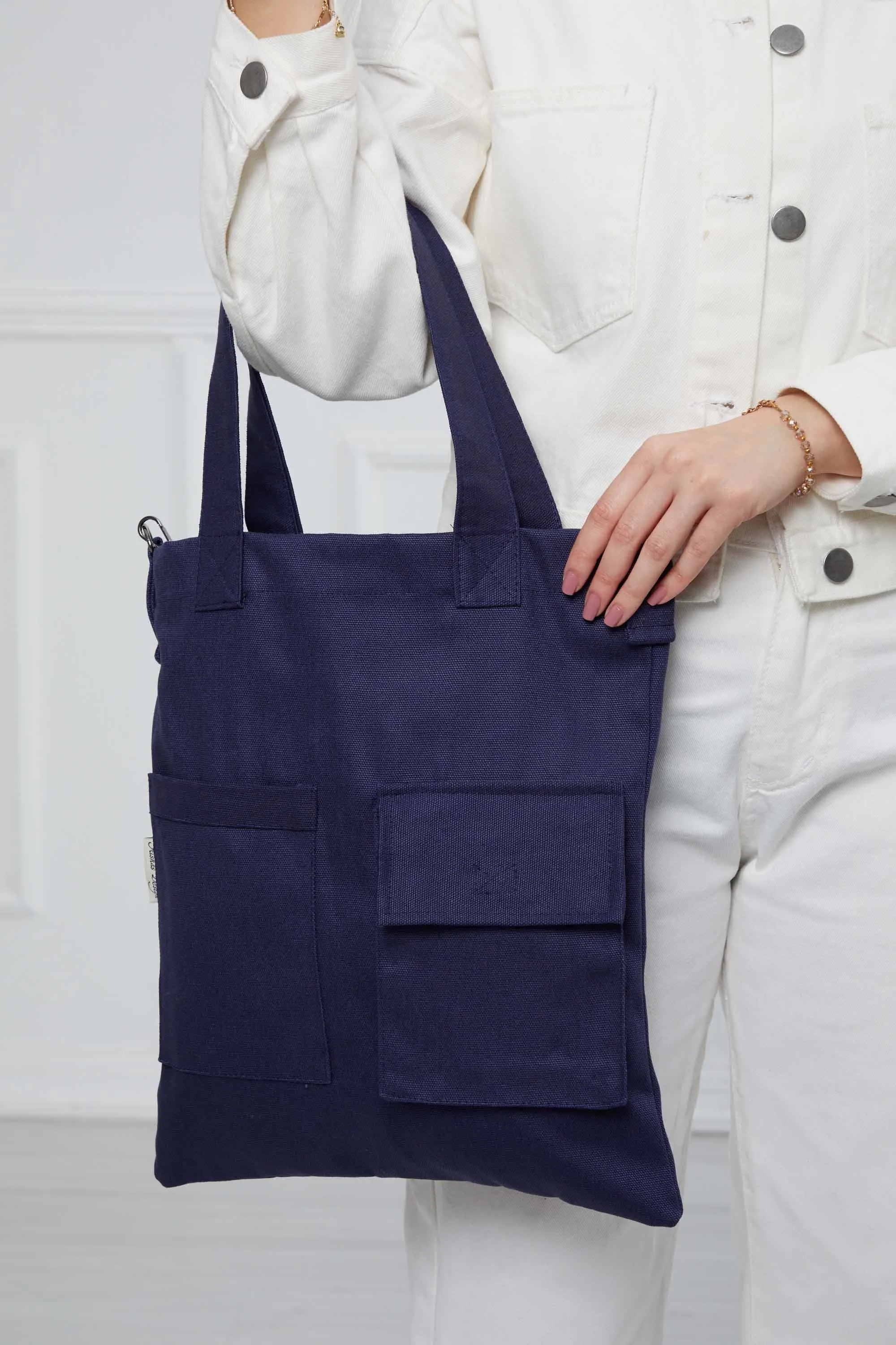 Canvas Hand Shoulder Tote Bag with Front Pockets Casual Large Capacity Daily Travel Shopping Bag,CK-20