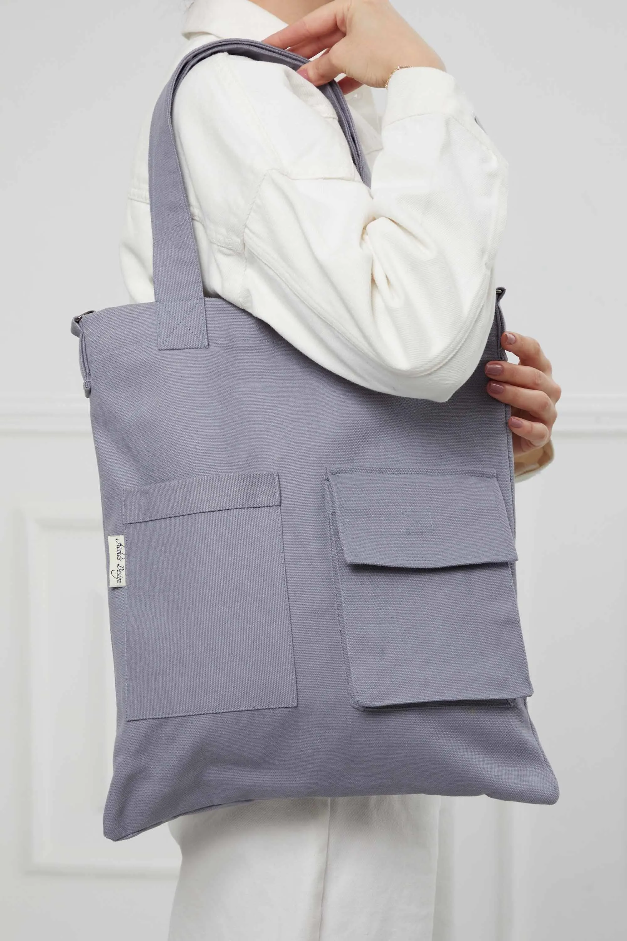 Canvas Hand Shoulder Tote Bag with Front Pockets Casual Large Capacity Daily Travel Shopping Bag,CK-20