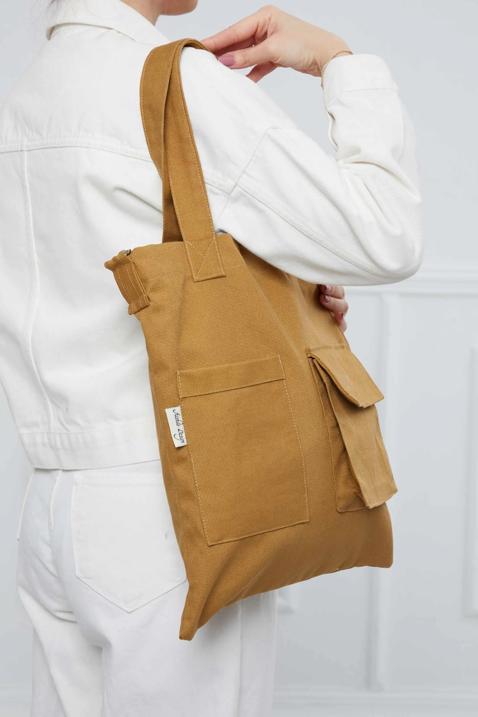 Canvas Hand Shoulder Tote Bag with Front Pockets Casual Large Capacity Daily Travel Shopping Bag,CK-20
