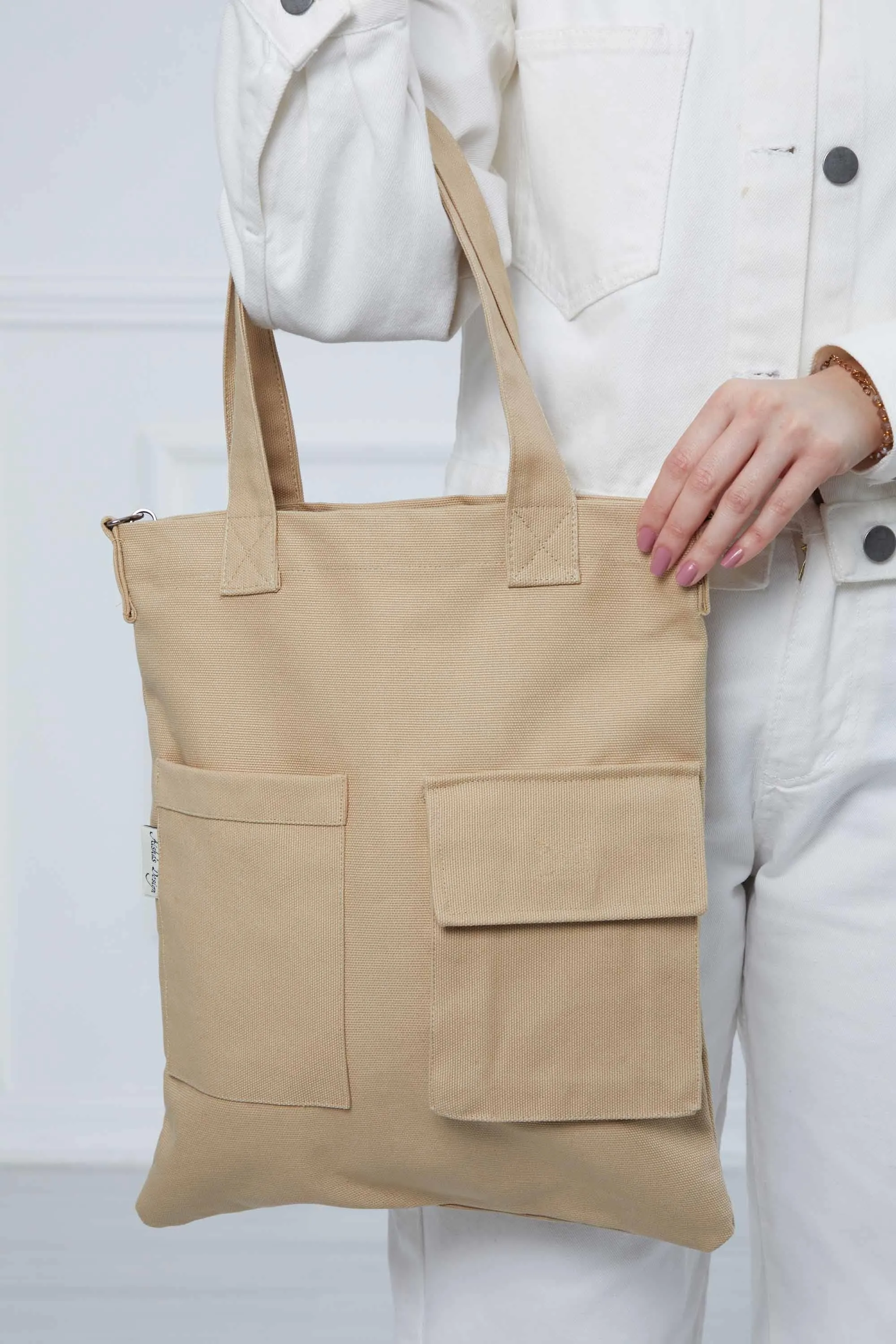 Canvas Hand Shoulder Tote Bag with Front Pockets Casual Large Capacity Daily Travel Shopping Bag,CK-20