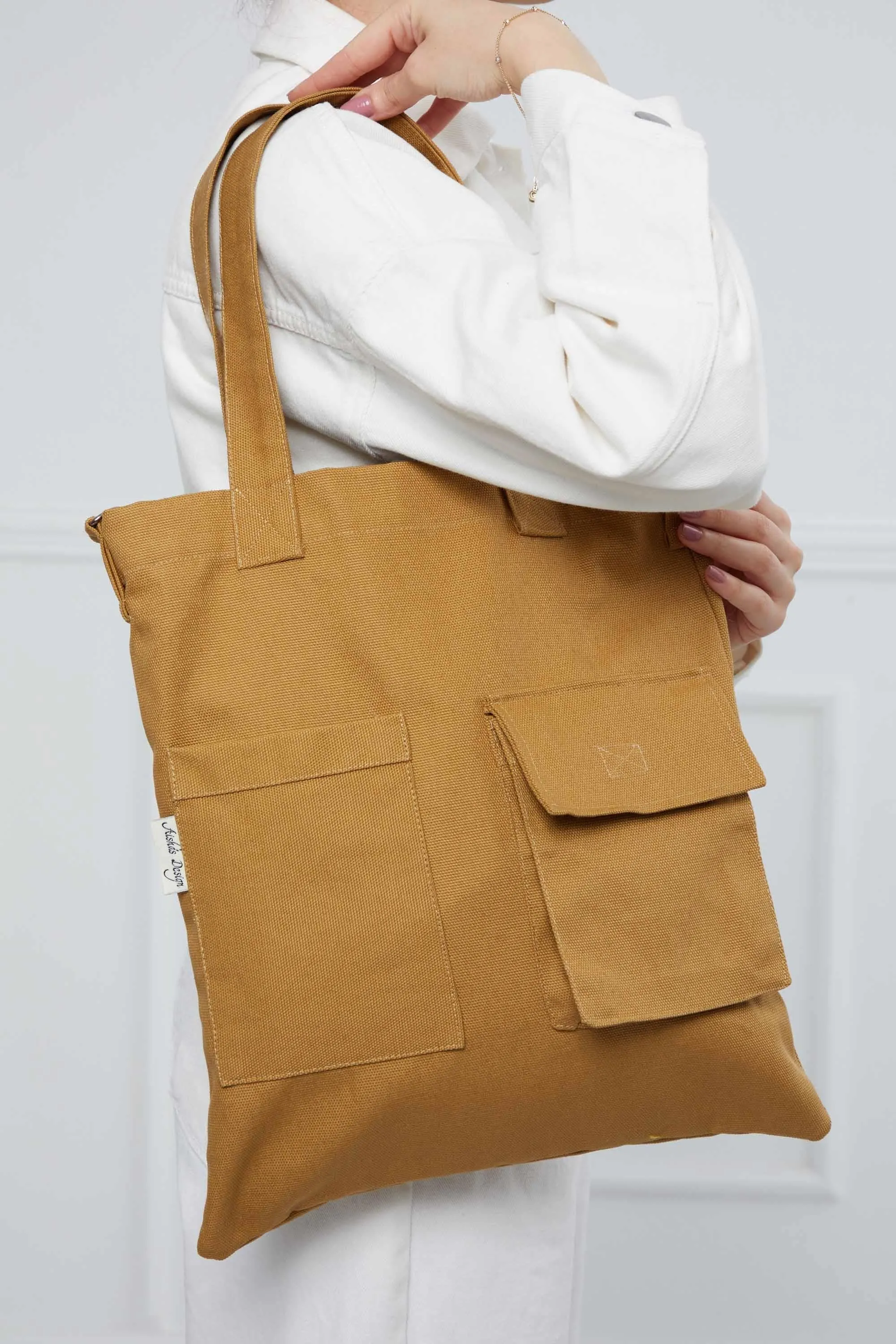Canvas Hand Shoulder Tote Bag with Front Pockets Casual Large Capacity Daily Travel Shopping Bag,CK-20