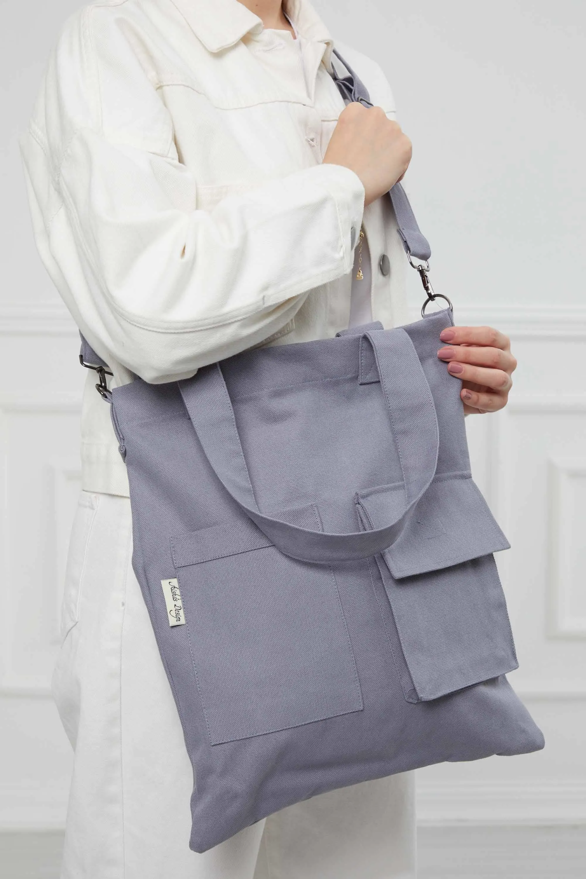 Canvas Hand Shoulder Tote Bag with Front Pockets Casual Large Capacity Daily Travel Shopping Bag,CK-20