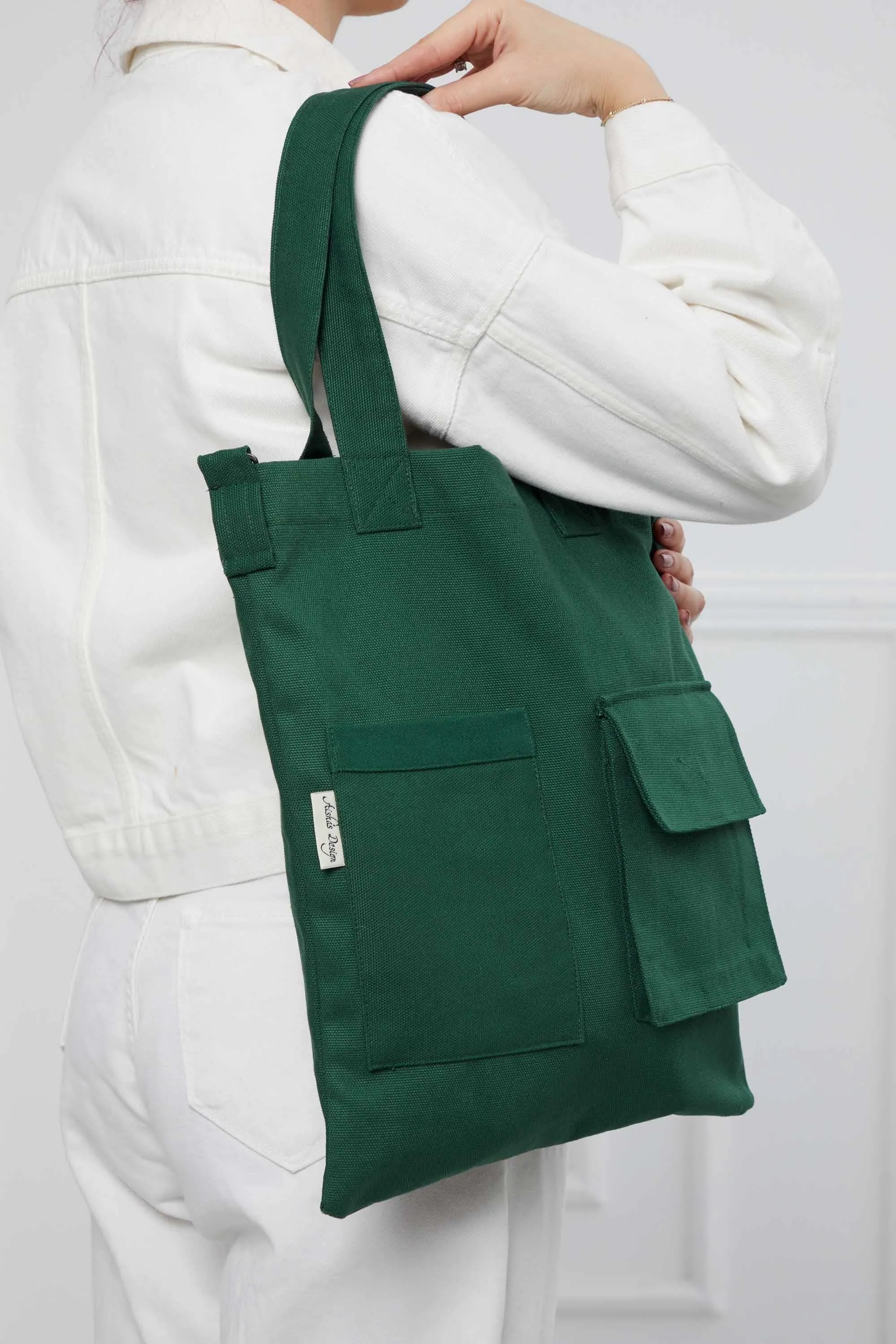 Canvas Hand Shoulder Tote Bag with Front Pockets Casual Large Capacity Daily Travel Shopping Bag,CK-20