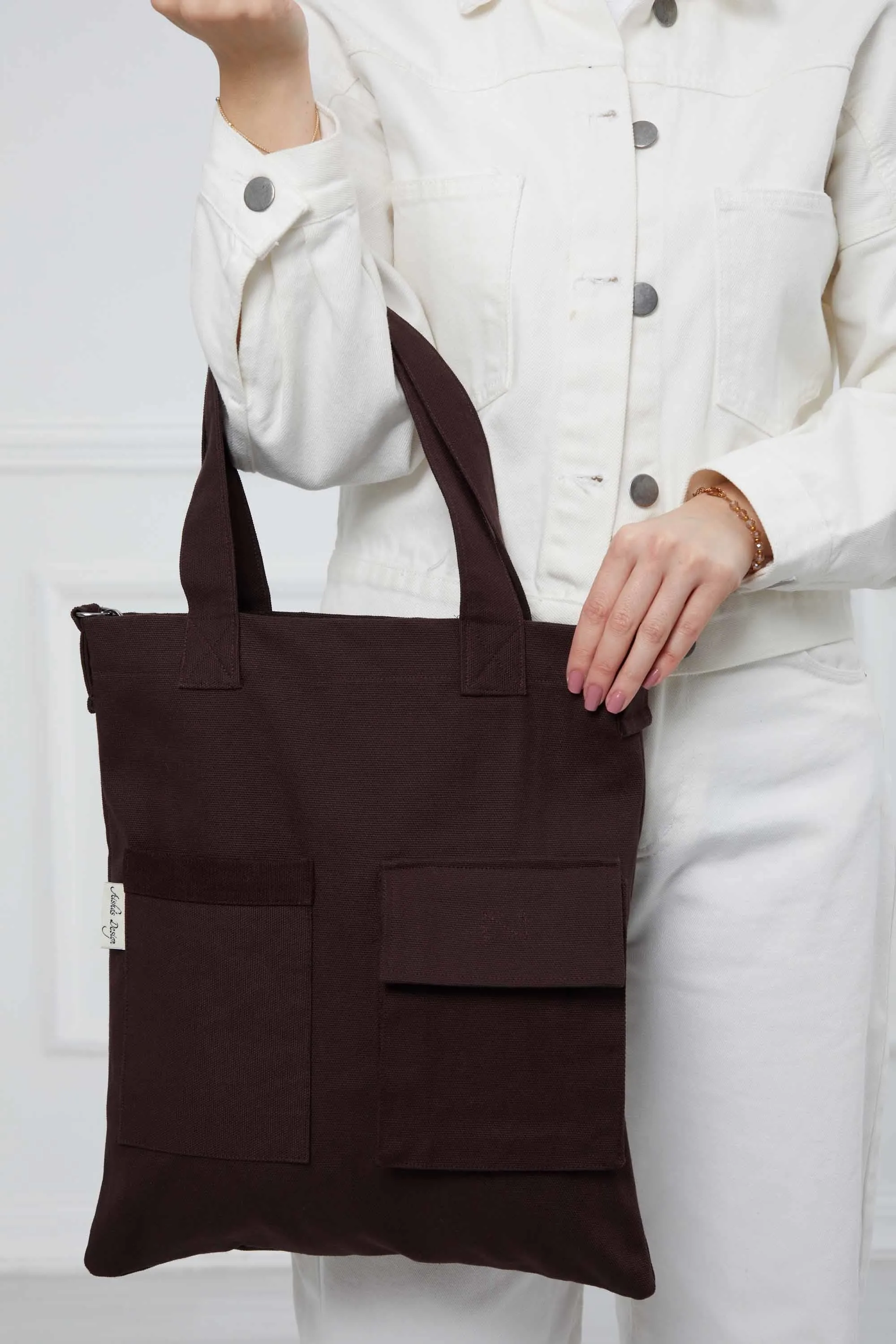 Canvas Hand Shoulder Tote Bag with Front Pockets Casual Large Capacity Daily Travel Shopping Bag,CK-20