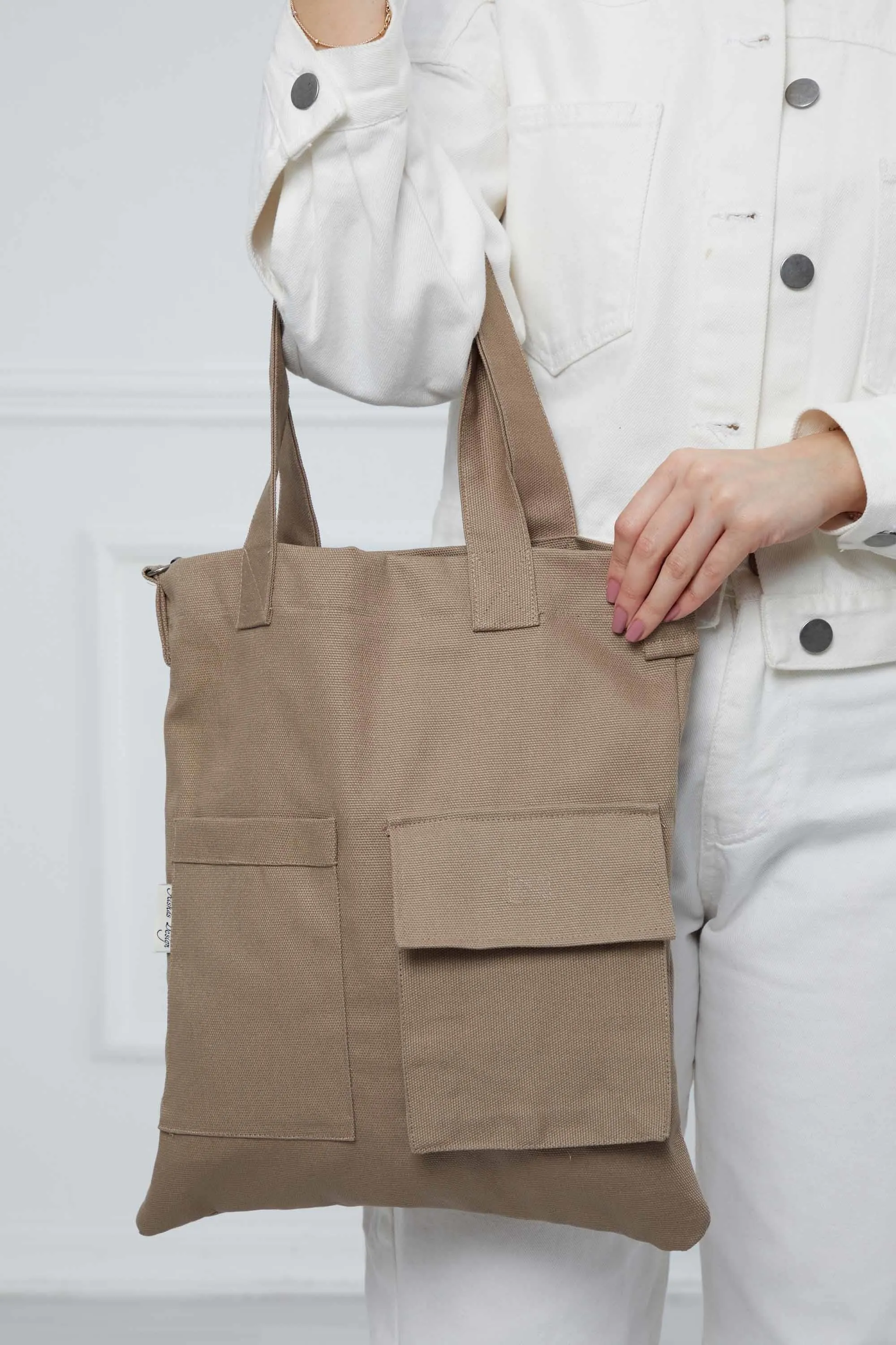 Canvas Hand Shoulder Tote Bag with Front Pockets Casual Large Capacity Daily Travel Shopping Bag,CK-20