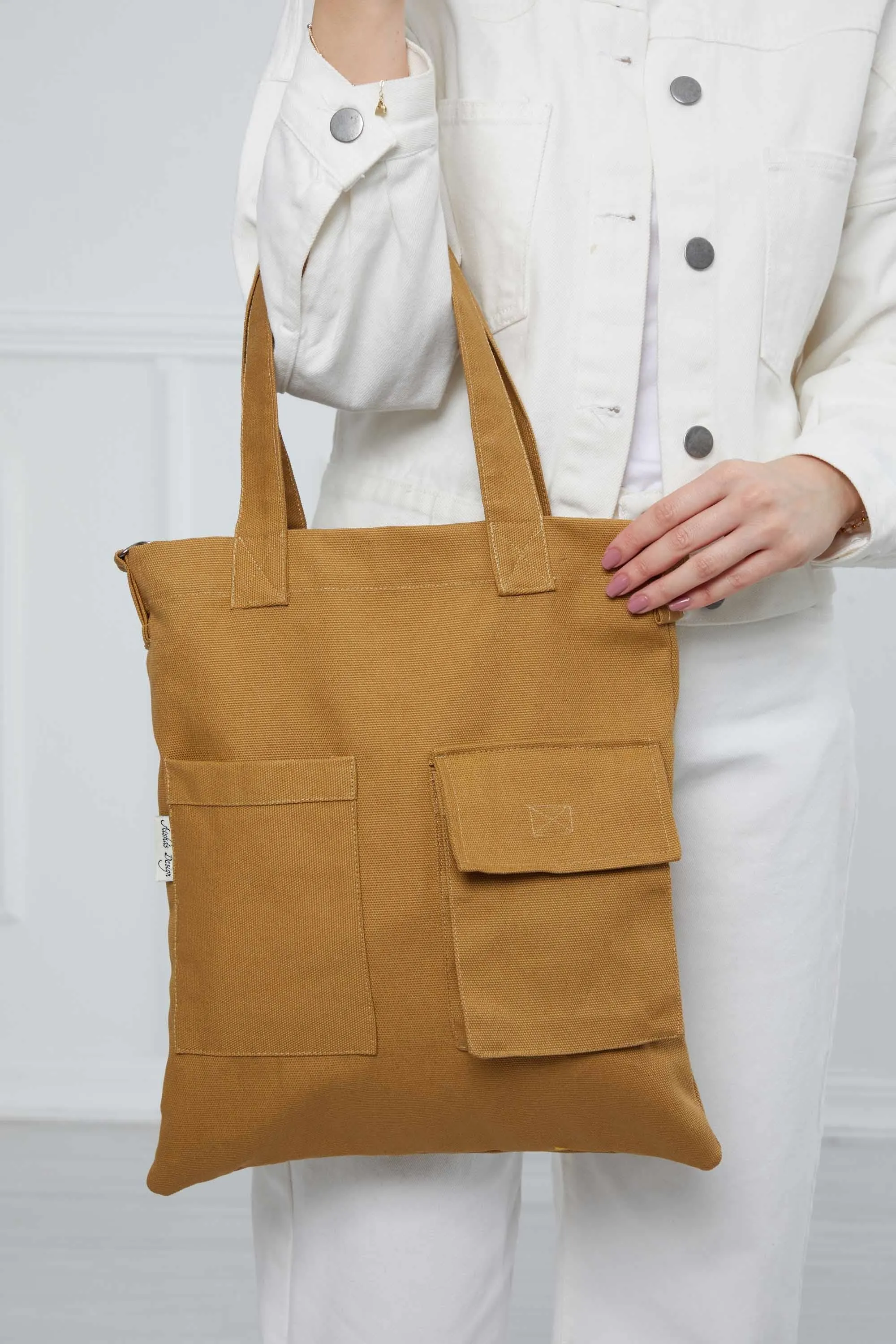 Canvas Hand Shoulder Tote Bag with Front Pockets Casual Large Capacity Daily Travel Shopping Bag,CK-20