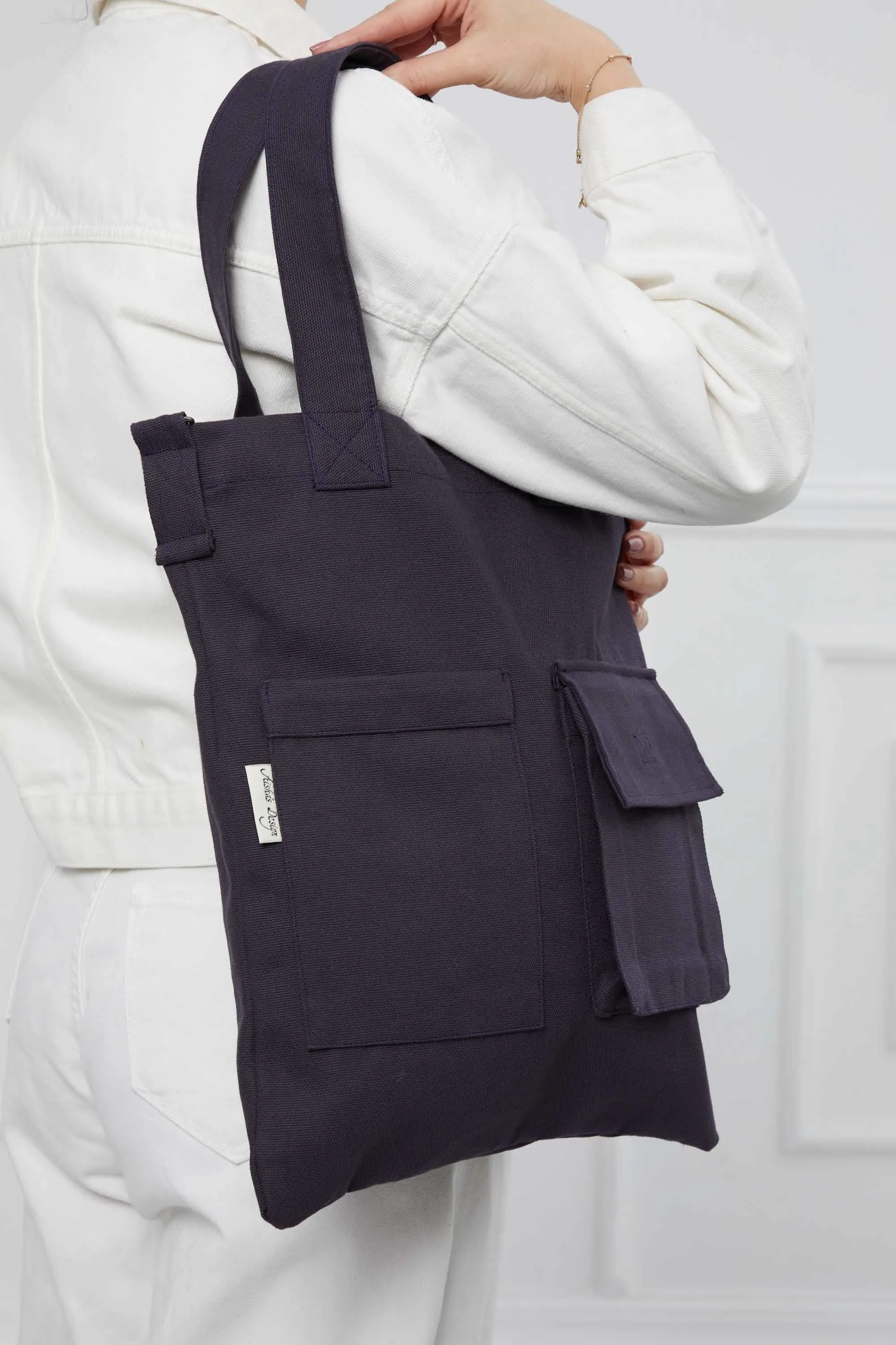 Canvas Hand Shoulder Tote Bag with Front Pockets Casual Large Capacity Daily Travel Shopping Bag,CK-20