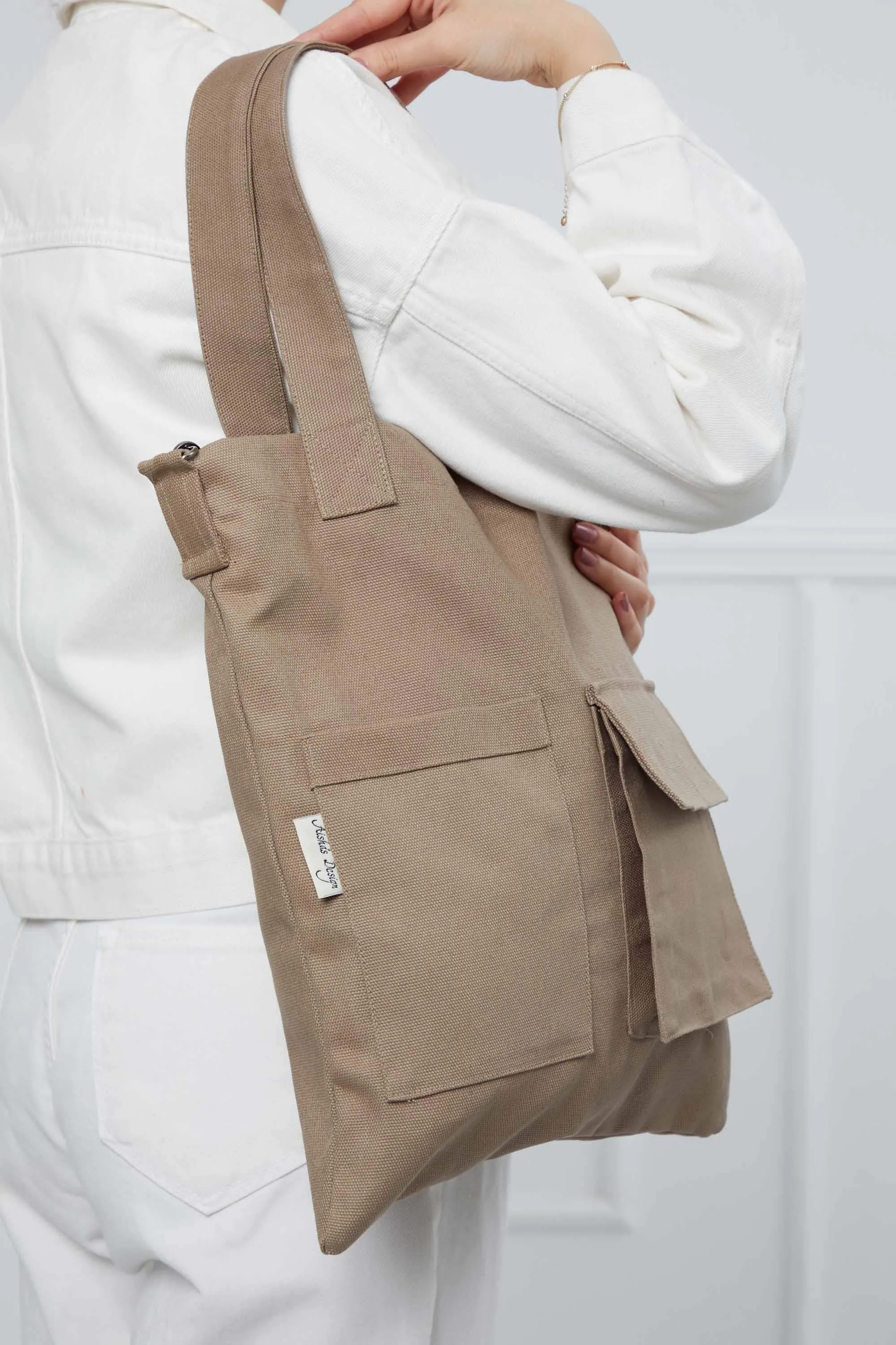 Canvas Hand Shoulder Tote Bag with Front Pockets Casual Large Capacity Daily Travel Shopping Bag,CK-20