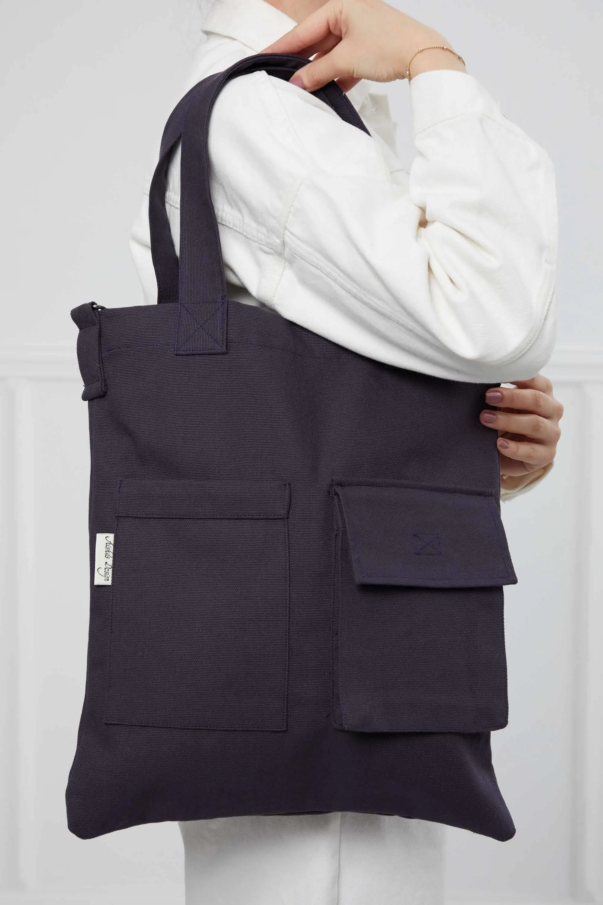 Canvas Hand Shoulder Tote Bag with Front Pockets Casual Large Capacity Daily Travel Shopping Bag,CK-20