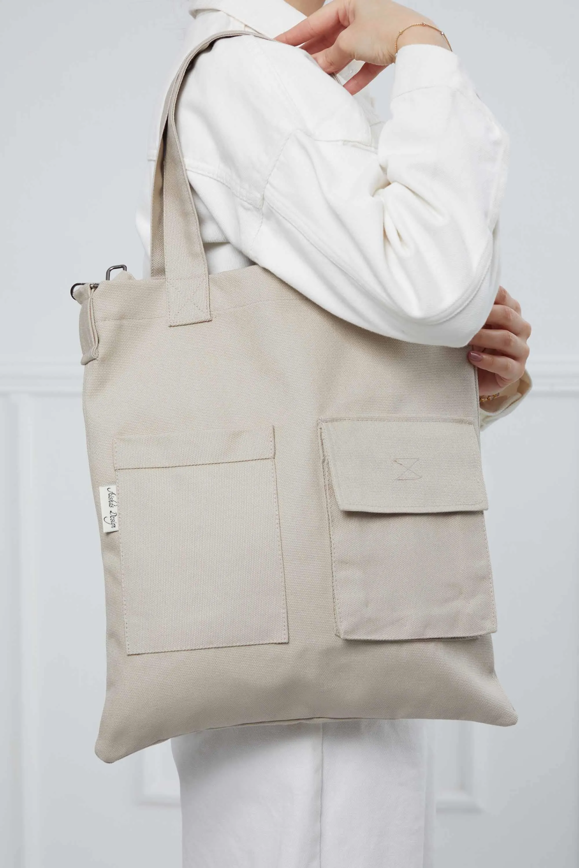 Canvas Hand Shoulder Tote Bag with Front Pockets Casual Large Capacity Daily Travel Shopping Bag,CK-20