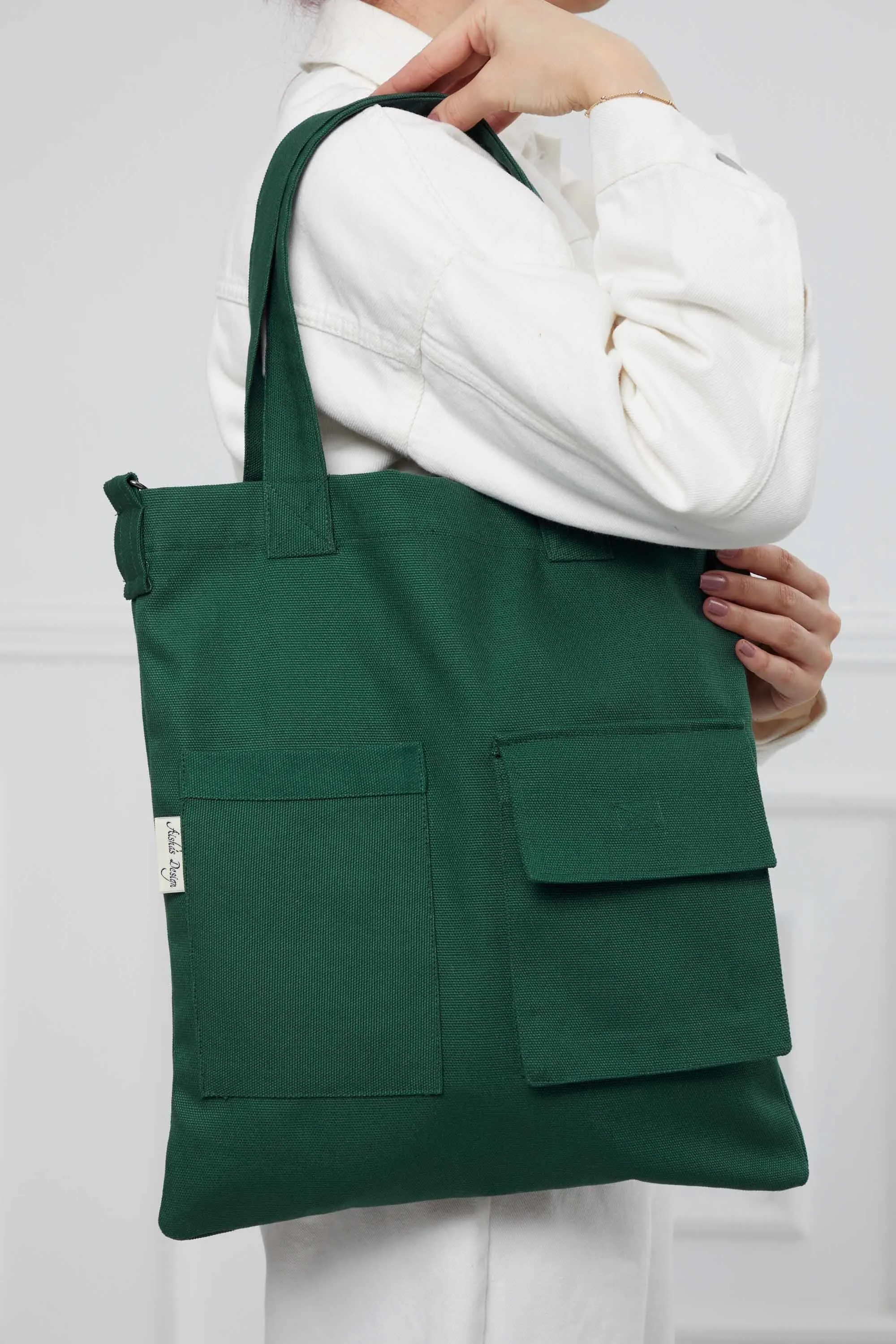 Canvas Hand Shoulder Tote Bag with Front Pockets Casual Large Capacity Daily Travel Shopping Bag,CK-20