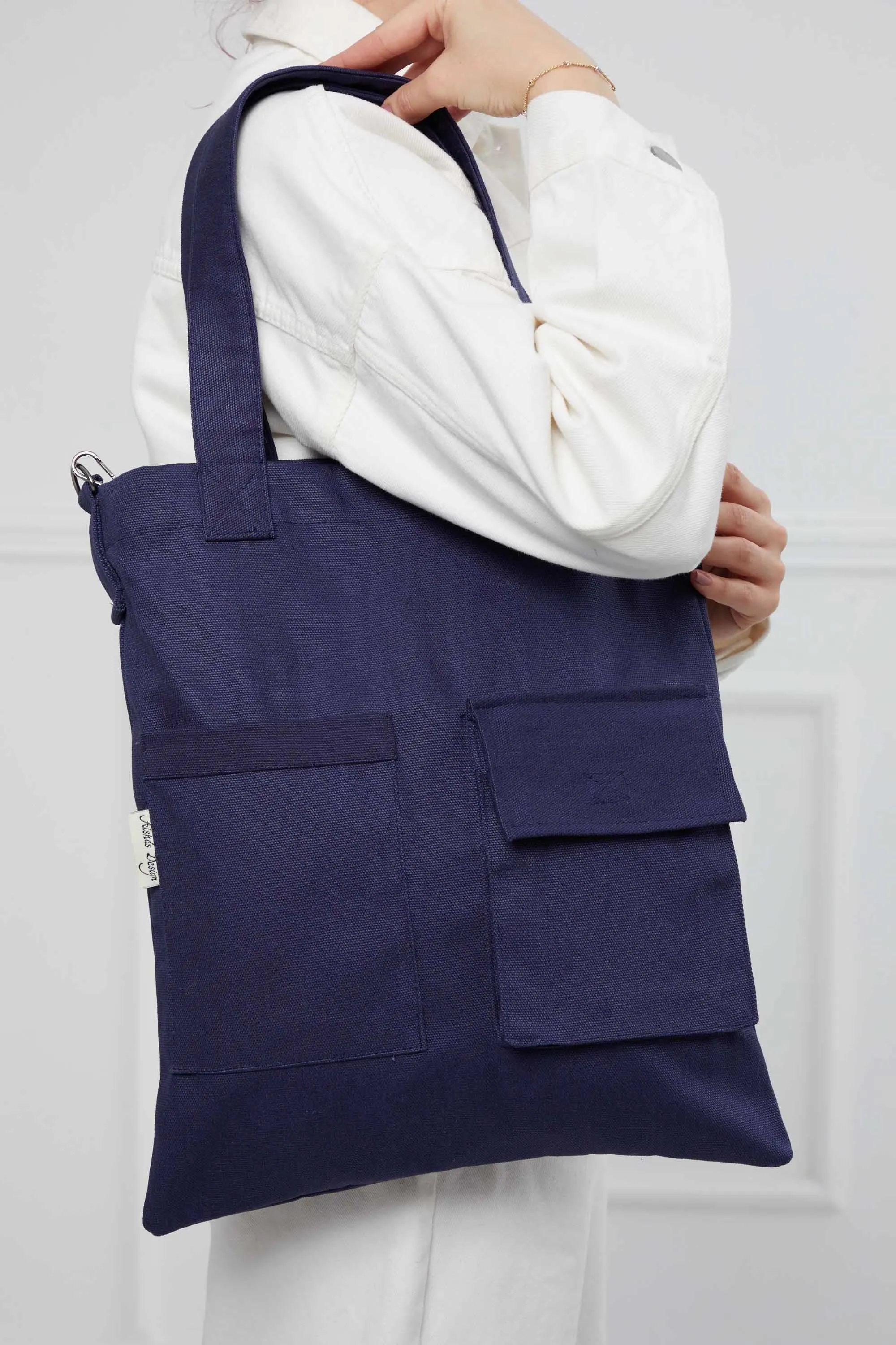 Canvas Hand Shoulder Tote Bag with Front Pockets Casual Large Capacity Daily Travel Shopping Bag,CK-20