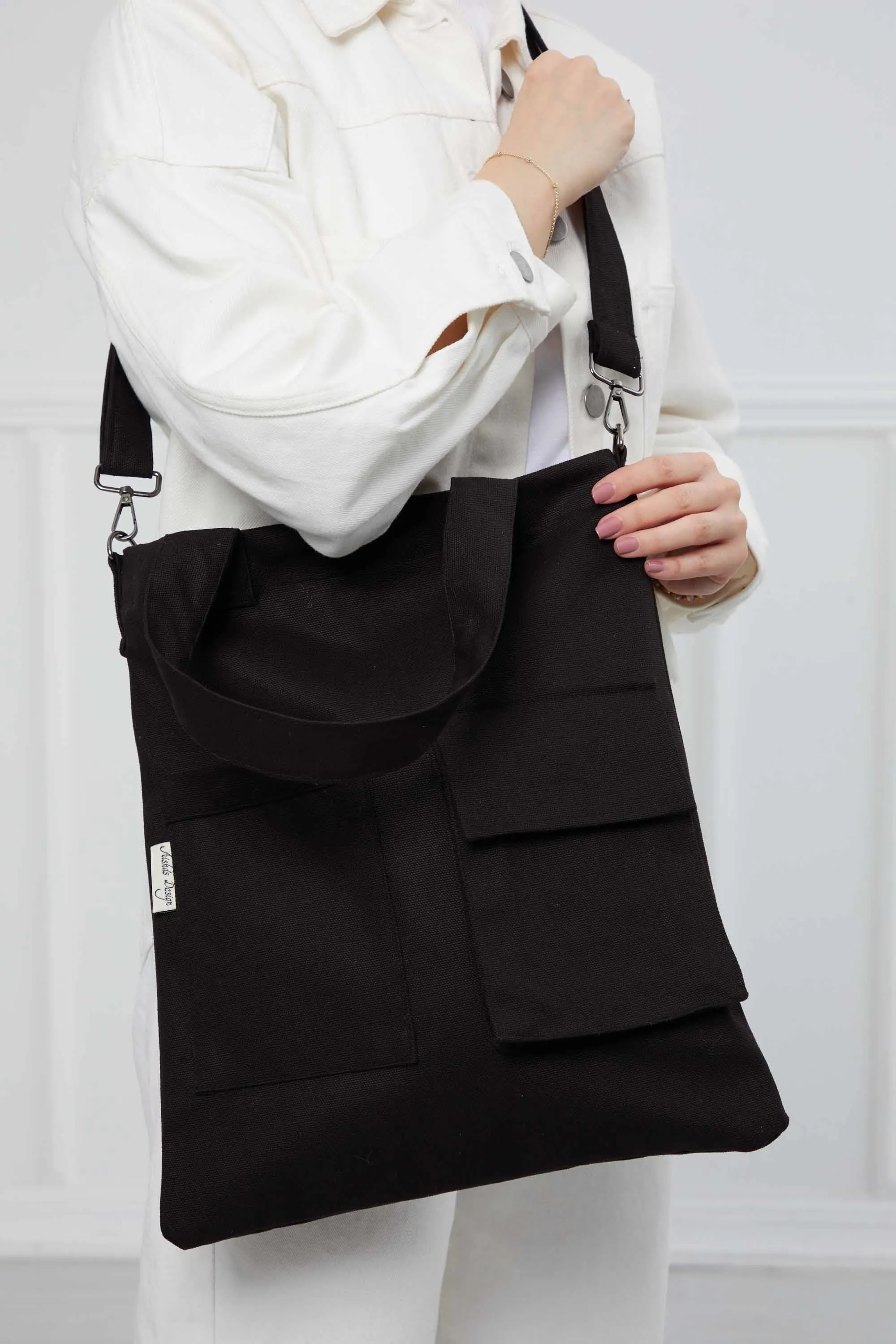 Canvas Hand Shoulder Tote Bag with Front Pockets Casual Large Capacity Daily Travel Shopping Bag,CK-20