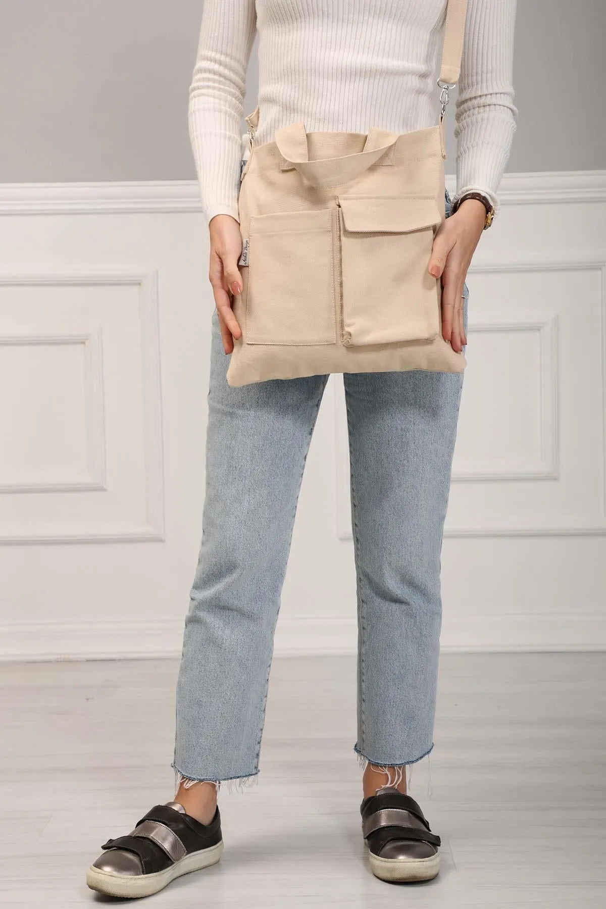 Canvas Hand Shoulder Tote Bag with Front Pockets Casual Large Capacity Daily Travel Shopping Bag,CK-20