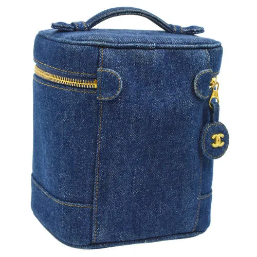 CHANEL 1996-1997 CC Logos Cosmetic Vanity Hand Bag Blue Denim ao07497