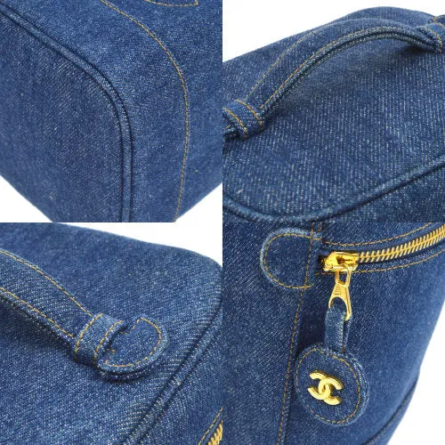 CHANEL 1996-1997 CC Logos Cosmetic Vanity Hand Bag Blue Denim ao07497
