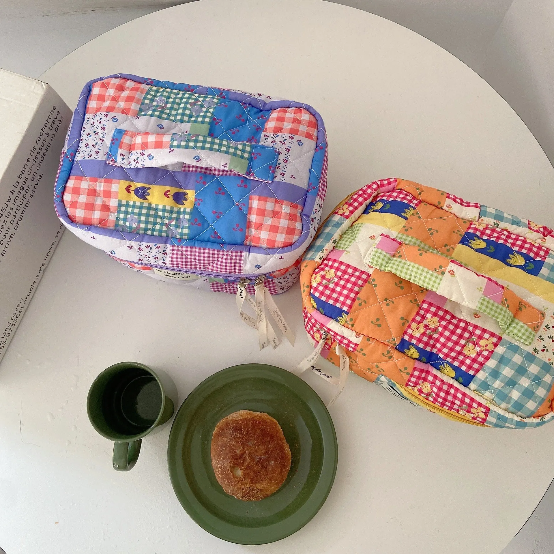 Cute Fresh Puzzle Orange Purple Quilted cotton Cosmetic Organizer, Makeup Toiletry Organizer, Large Capacity Makeup Bag