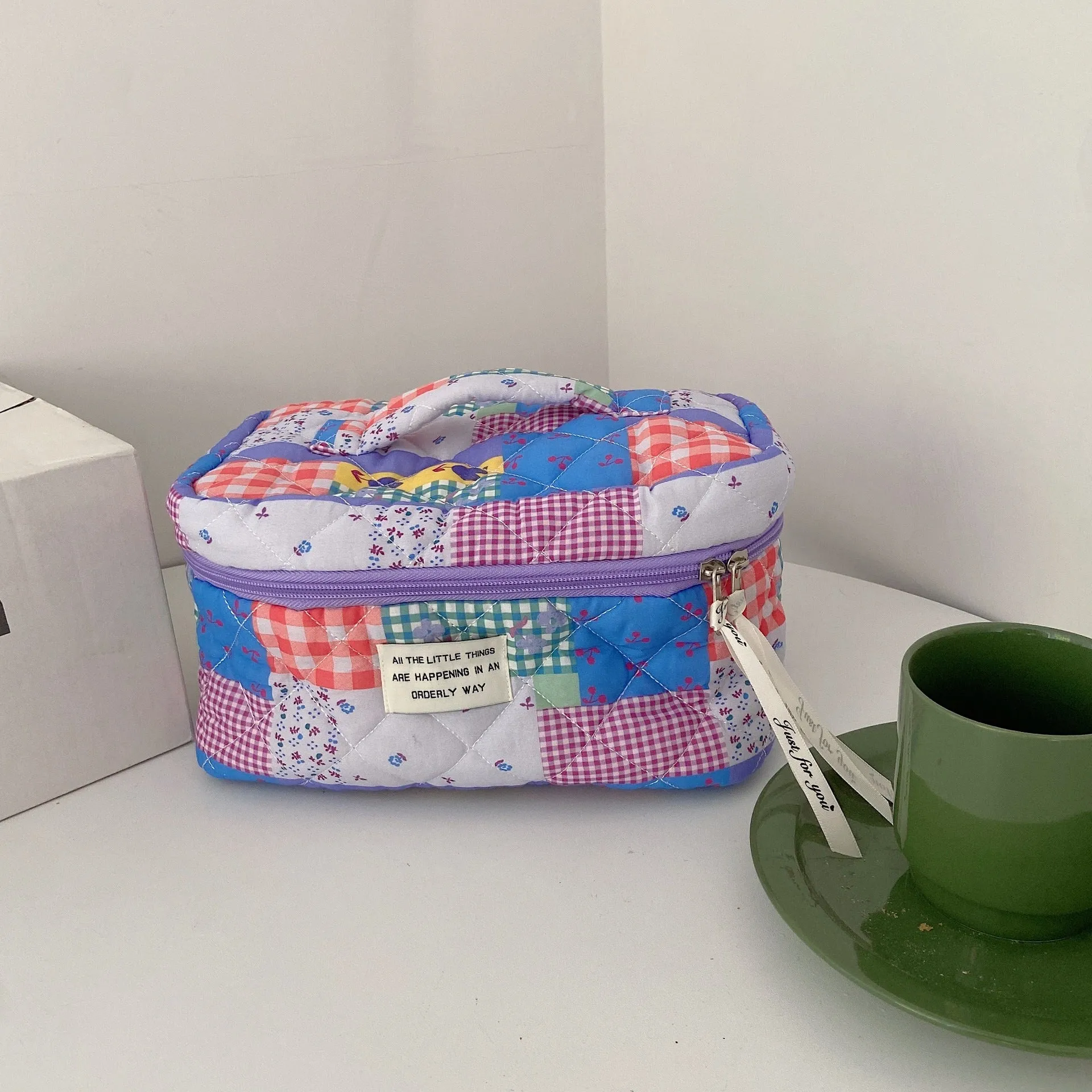 Cute Fresh Puzzle Orange Purple Quilted cotton Cosmetic Organizer, Makeup Toiletry Organizer, Large Capacity Makeup Bag