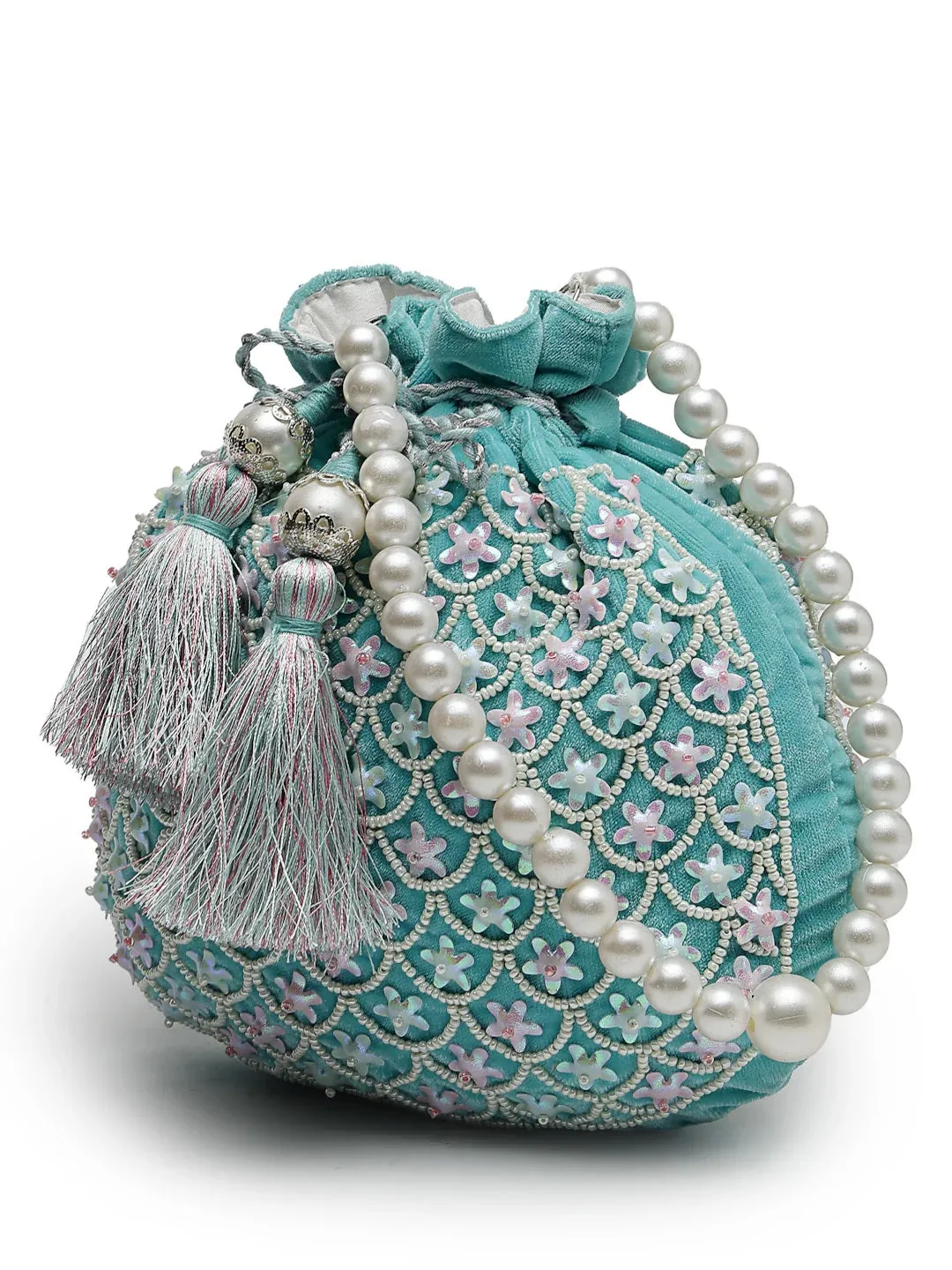Dangle Fish Scale Embellished Velvet Potli Bag