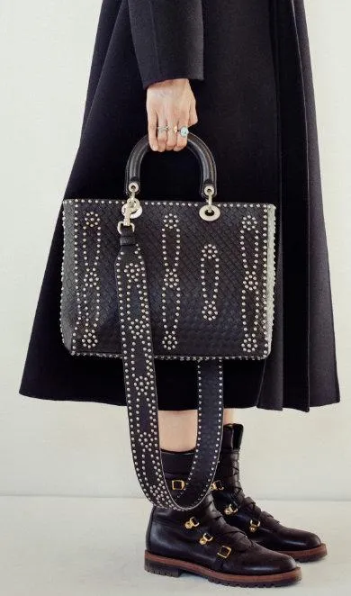 Large Lady Dior Bag in Black Studded Calfskin Leather