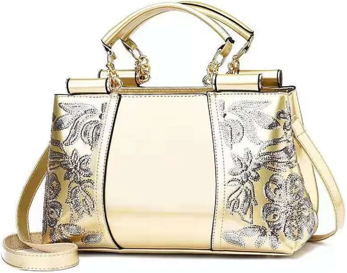 Metallic Studded Black Top Handle Luxury Embroidered Handbag