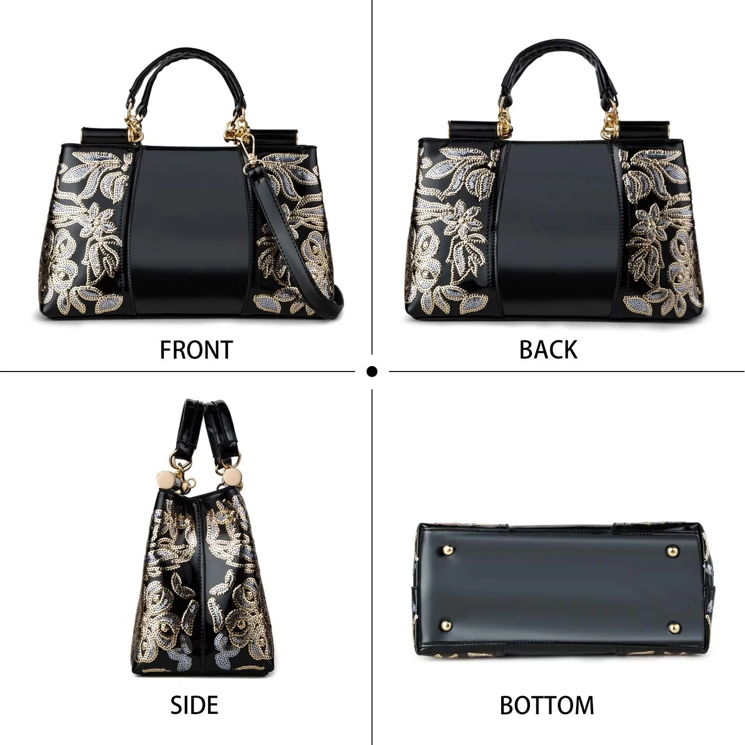 Metallic Studded Black Top Handle Luxury Embroidered Handbag