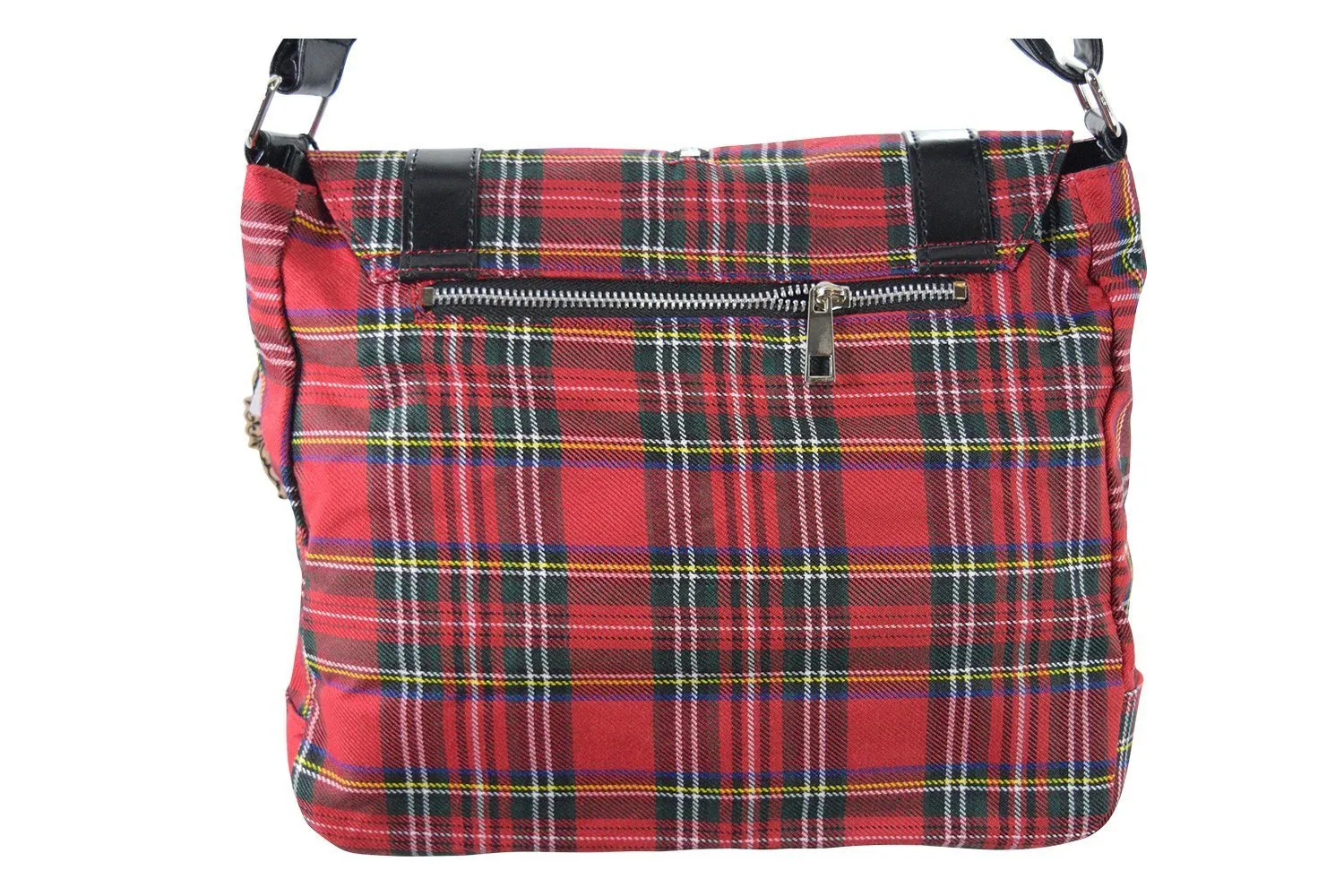 Punk Rock Studded Red Tartan Plaid Crossbody Purse with Zippers with Skull