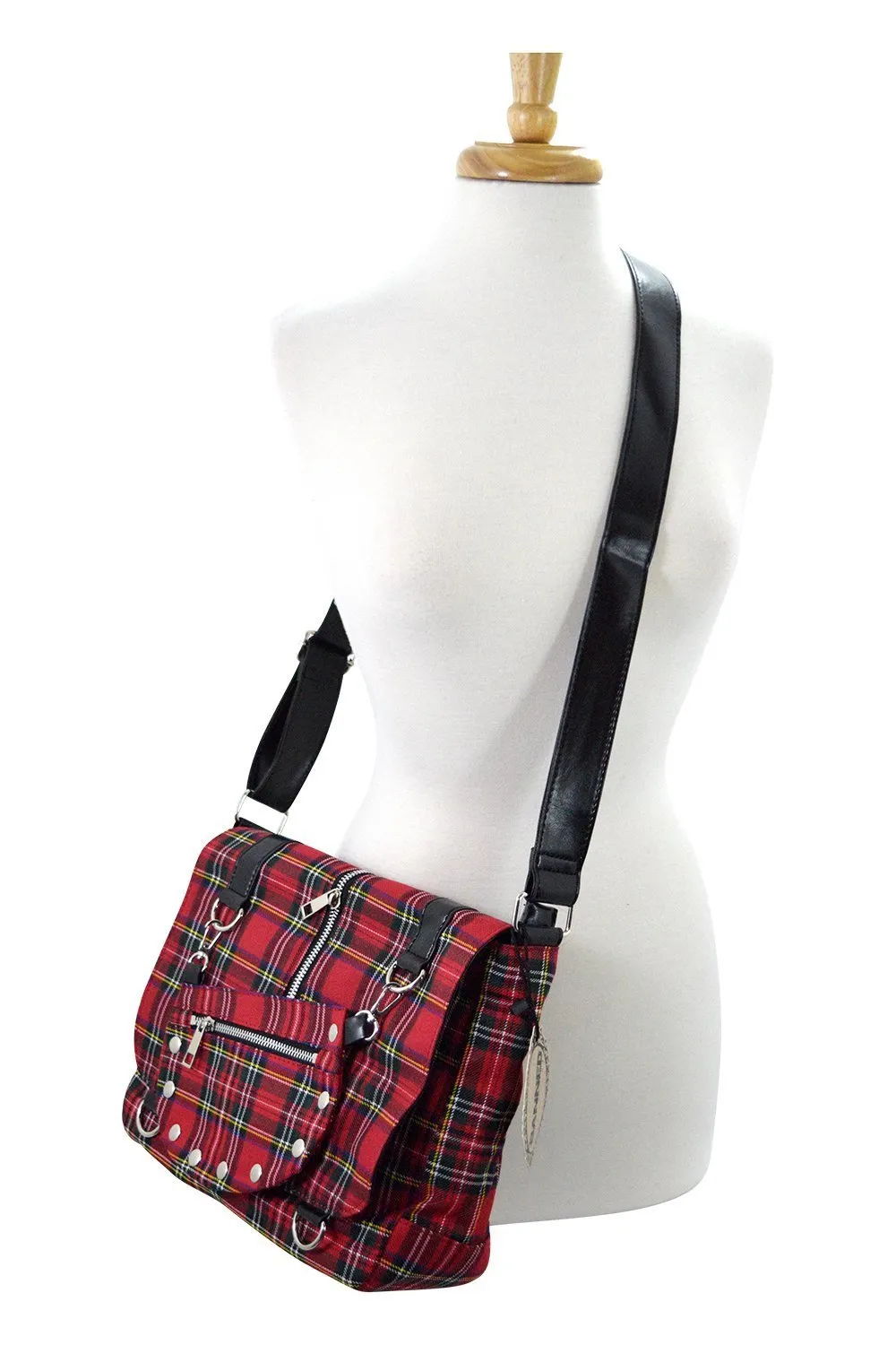 Punk Rock Studded Red Tartan Plaid Crossbody Purse with Zippers with Skull