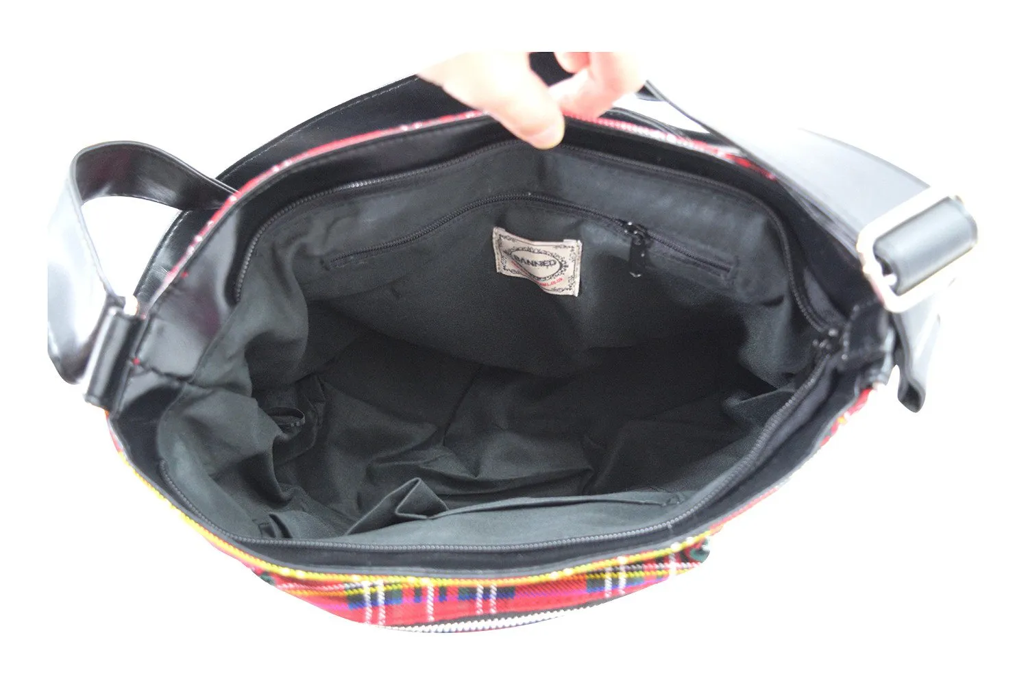 Punk Rock Studded Red Tartan Plaid Crossbody Purse with Zippers with Skull