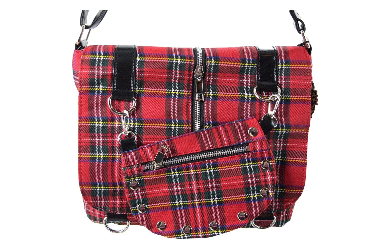 Punk Rock Studded Red Tartan Plaid Crossbody Purse with Zippers with Skull