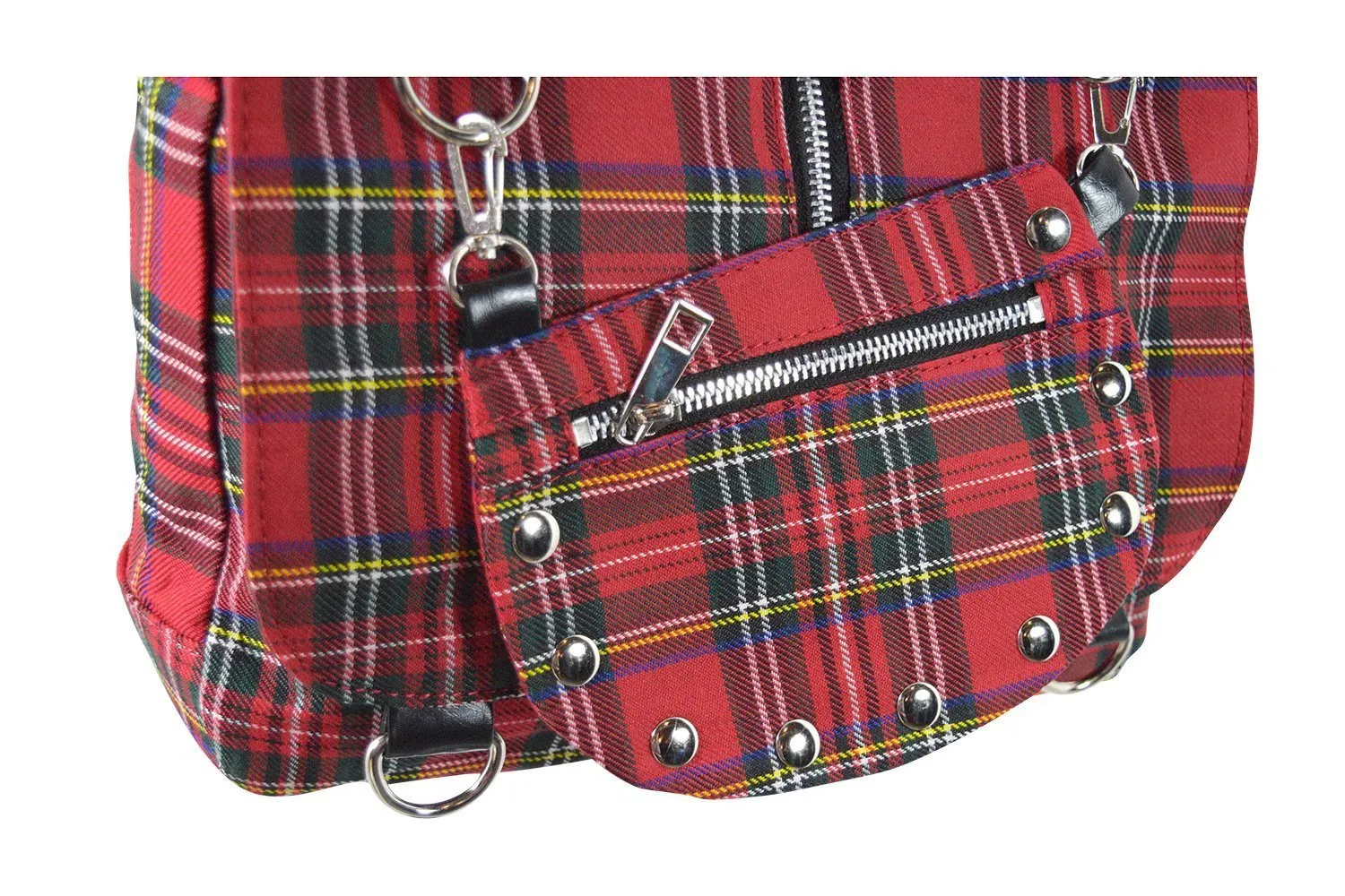 Punk Rock Studded Red Tartan Plaid Crossbody Purse with Zippers with Skull
