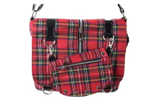 Punk Rock Studded Red Tartan Plaid Crossbody Purse with Zippers with Skull