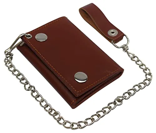 Trifold biker's genuine leather wallet id card holder with chain