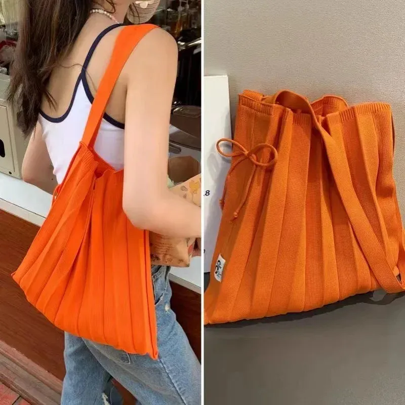 UAKISS  -  Korean Niche Design Rainbow Bag with Pleats and Folds Foldable Knit Single-shoulder Bag Accordion-style Large Capacity Handbag