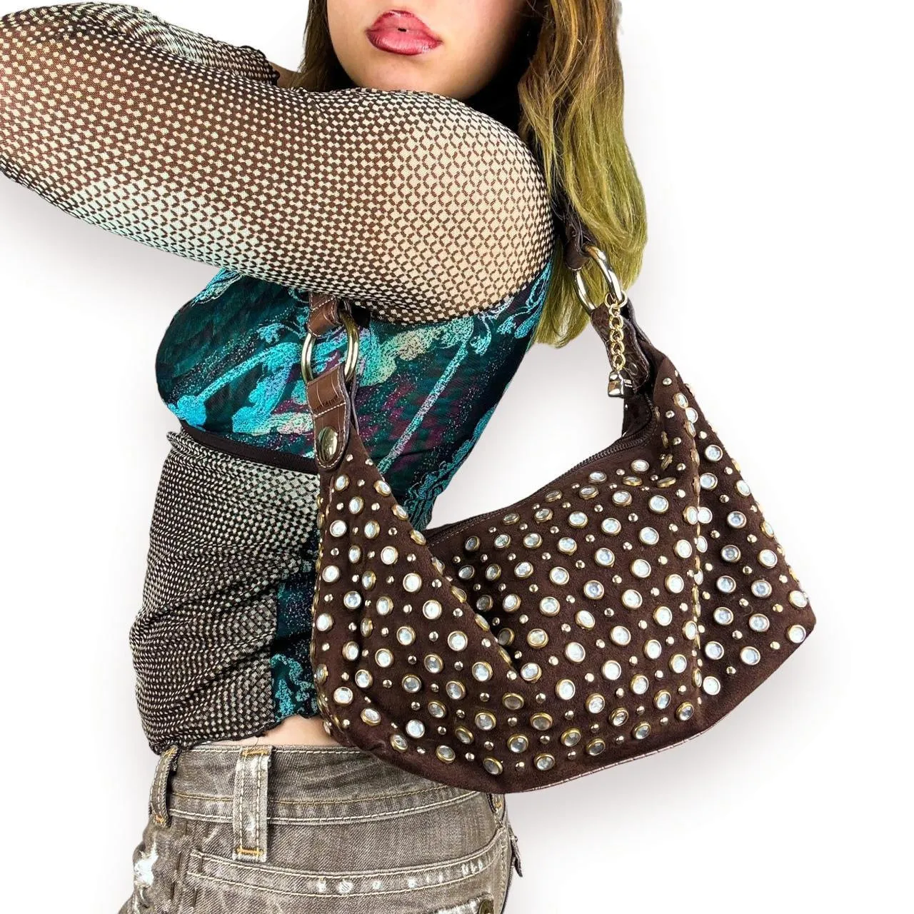 Y2K Studded Suede Shoulder Bag
